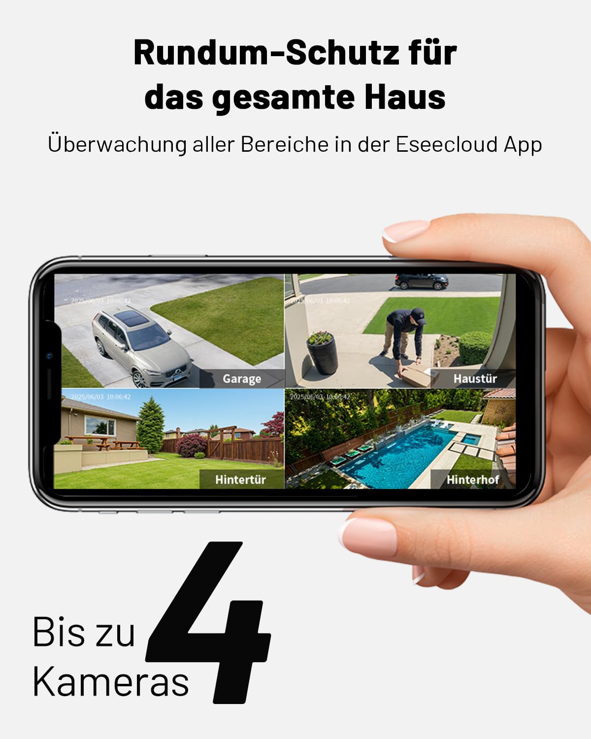2K Überwachungskamera Aussen Akku Solar, 4-Cam-Kit mit Basisstation, 360° PTZ Kabellos Kamera mit 32G Lokaler Speicher, Keine Gebühren, KI-Erkennung, Farbe Nachtsicht 2 Wege Audio, 5G/2,4G WLAN