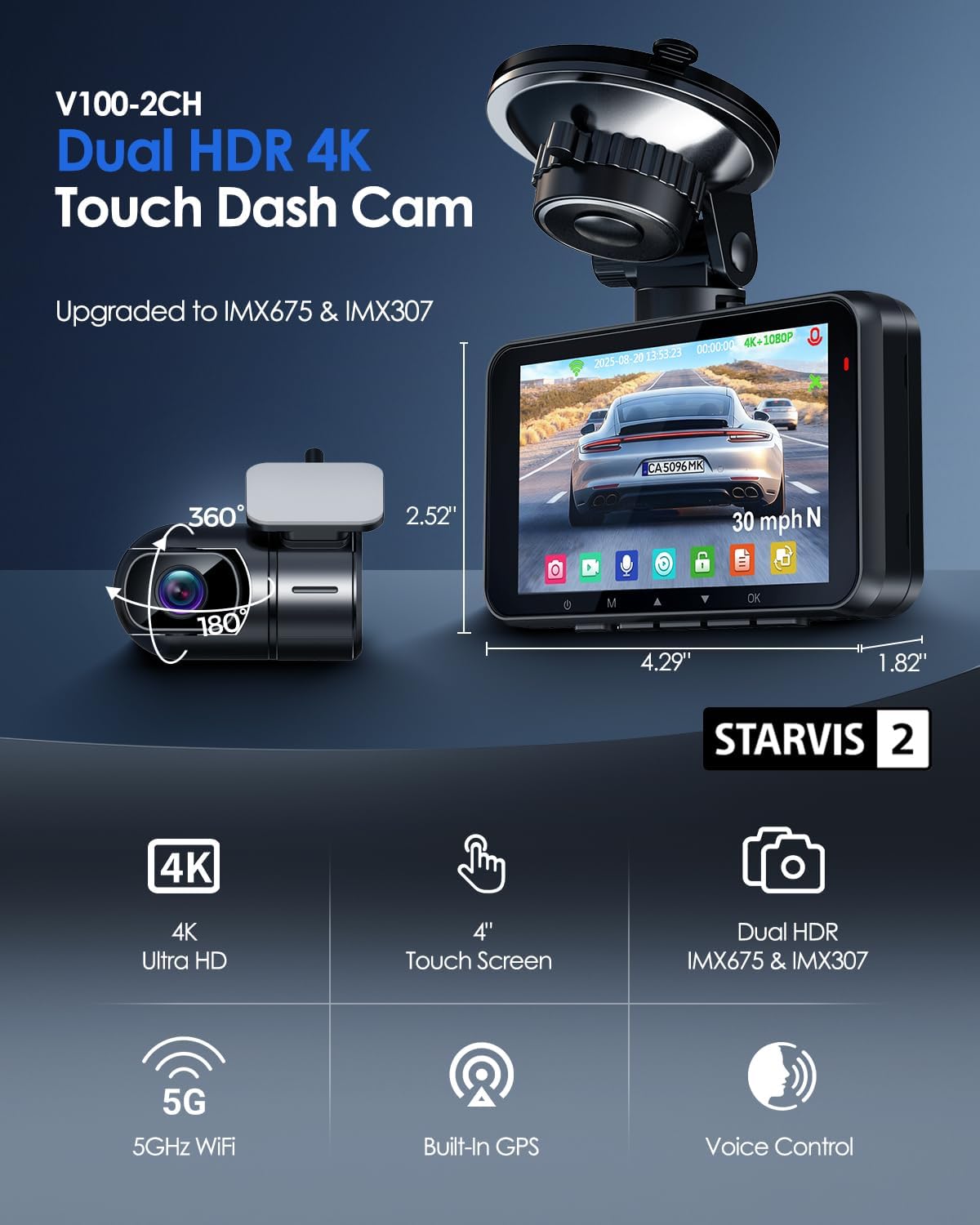 Front and rear dash cam units with dimensions and key features highlighted.