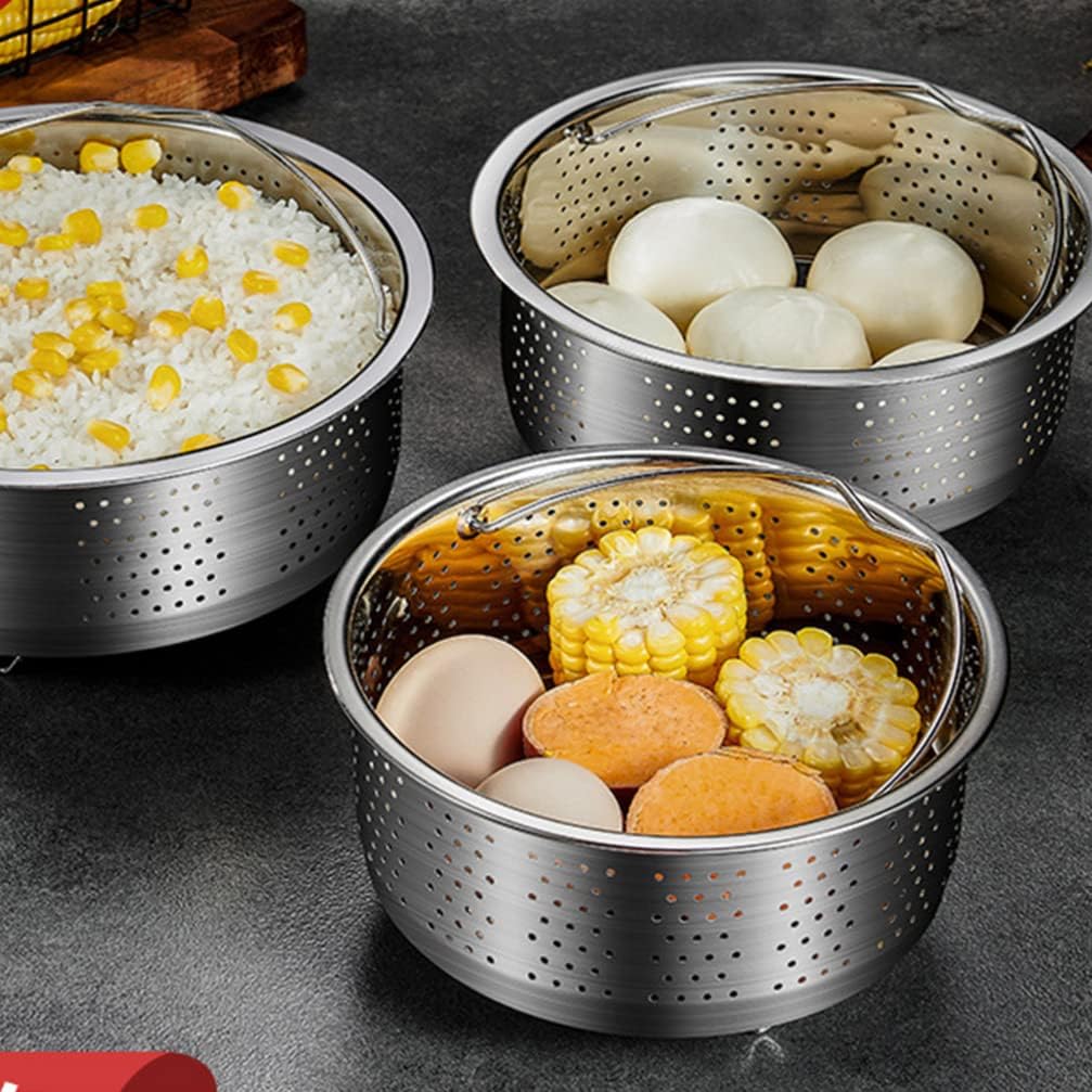Hemoton Stainless Steel Steamer Basket Metal Steamer Insert Steaming Rack Vegetables Fruit Colander Strainer Food Egg Cooker Pot Dumpling Dim Sum Cookware with Handle 22cm