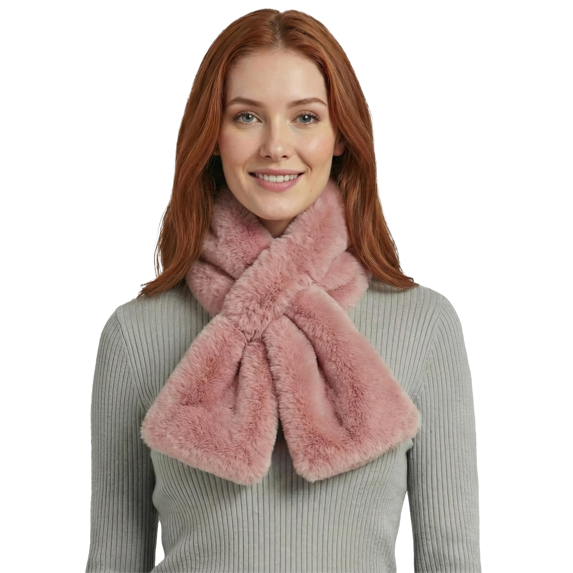 Basic Sense Women's Dusky Pink Faux Fur Scarf Fluffy Pull Through Neck Warmer With Holder,