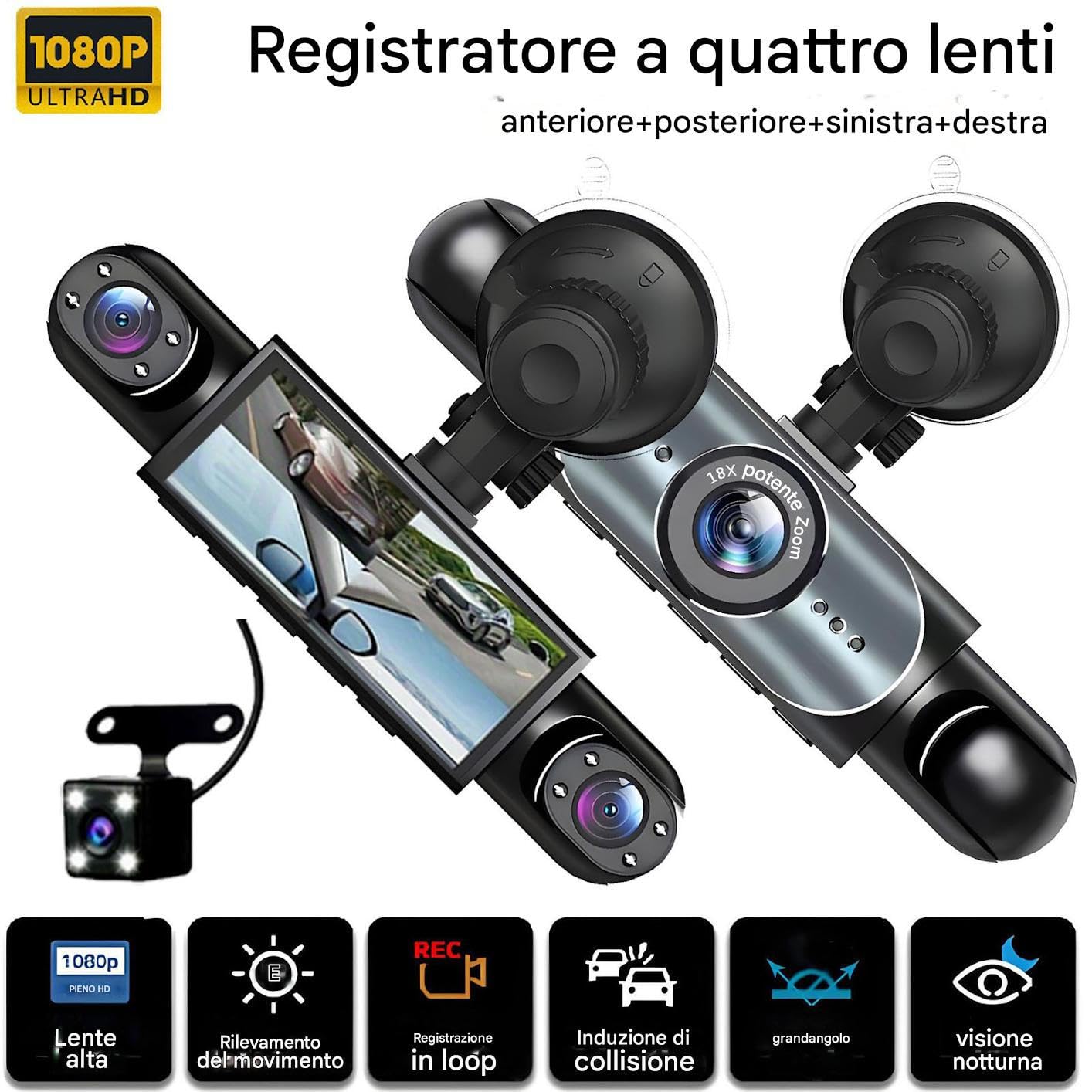 Dash Cam para coche 4 canales alimentado por batería Dash Cam
