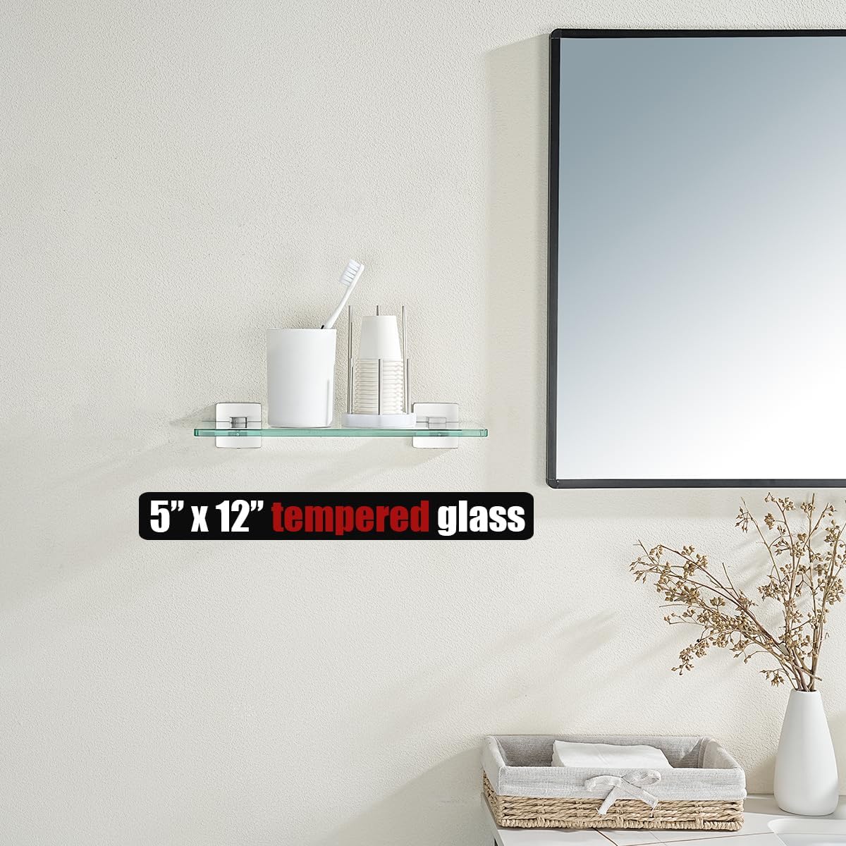 JQK Bathroom Glass Shelf, Tempered Glass Shower Storage 12 by 5 inches, 304 Stainless Steel Brushed Finish Wall Mount, TGS201L12-BN