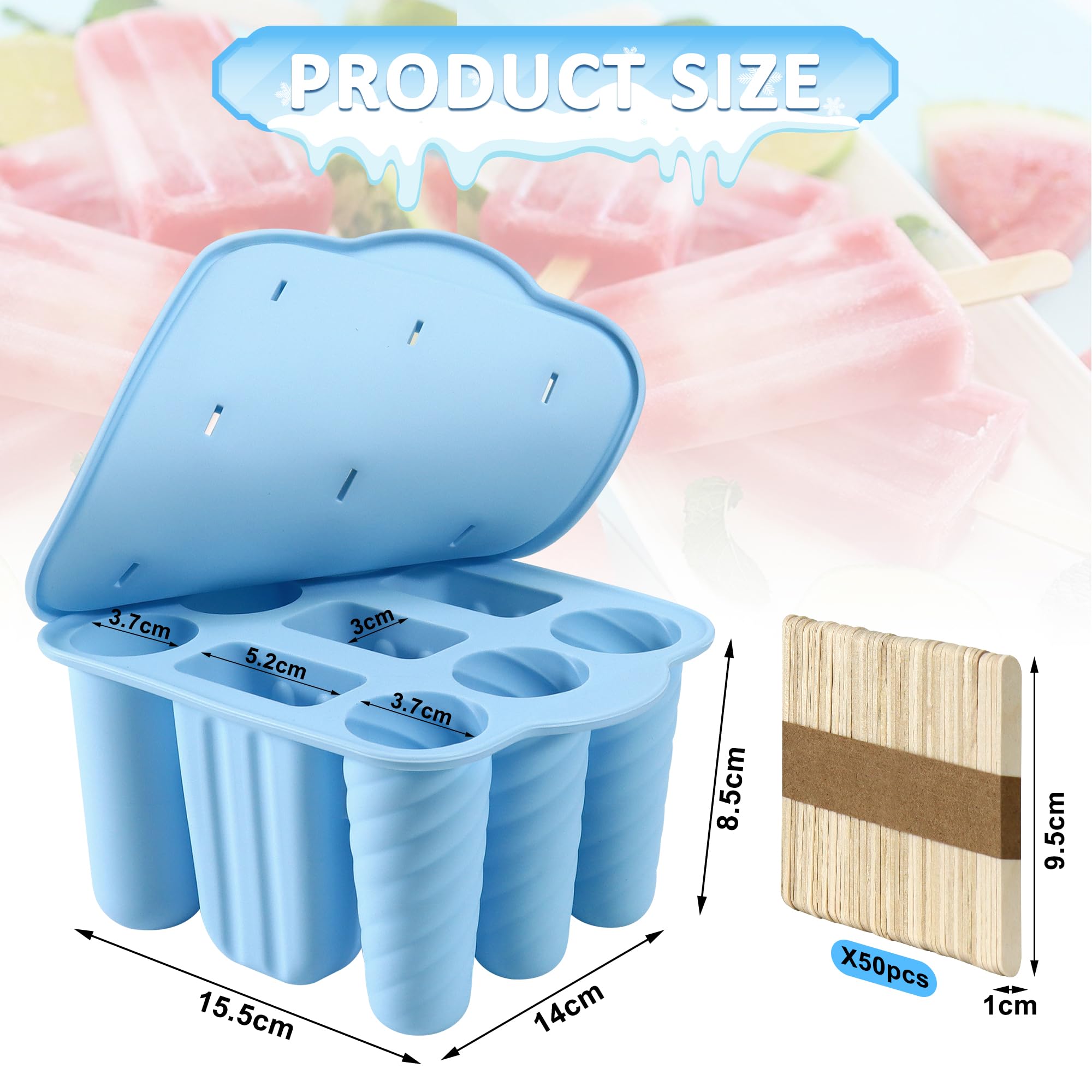 Ice Lolly Moulds, 9 Cavity Silicone Ice Lolly Tray & Ice Cream Moulds with 50 Wooden Stick - Image 2