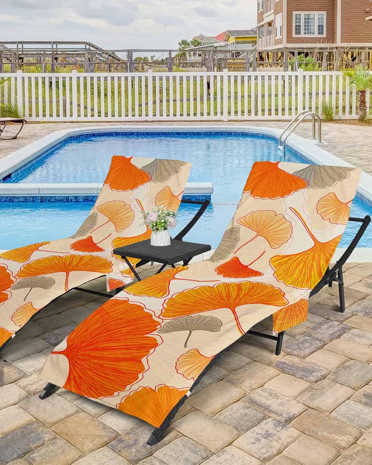 Fall Leaves Beach Pool Patio Lounge Chaise Chair Cover Towel With Pockets,Absorbent & Quick Dry Microfiber Towel Cover Bag Summer Accessories for Sunbathing Retro Middle Century Orange Yellow Leaf