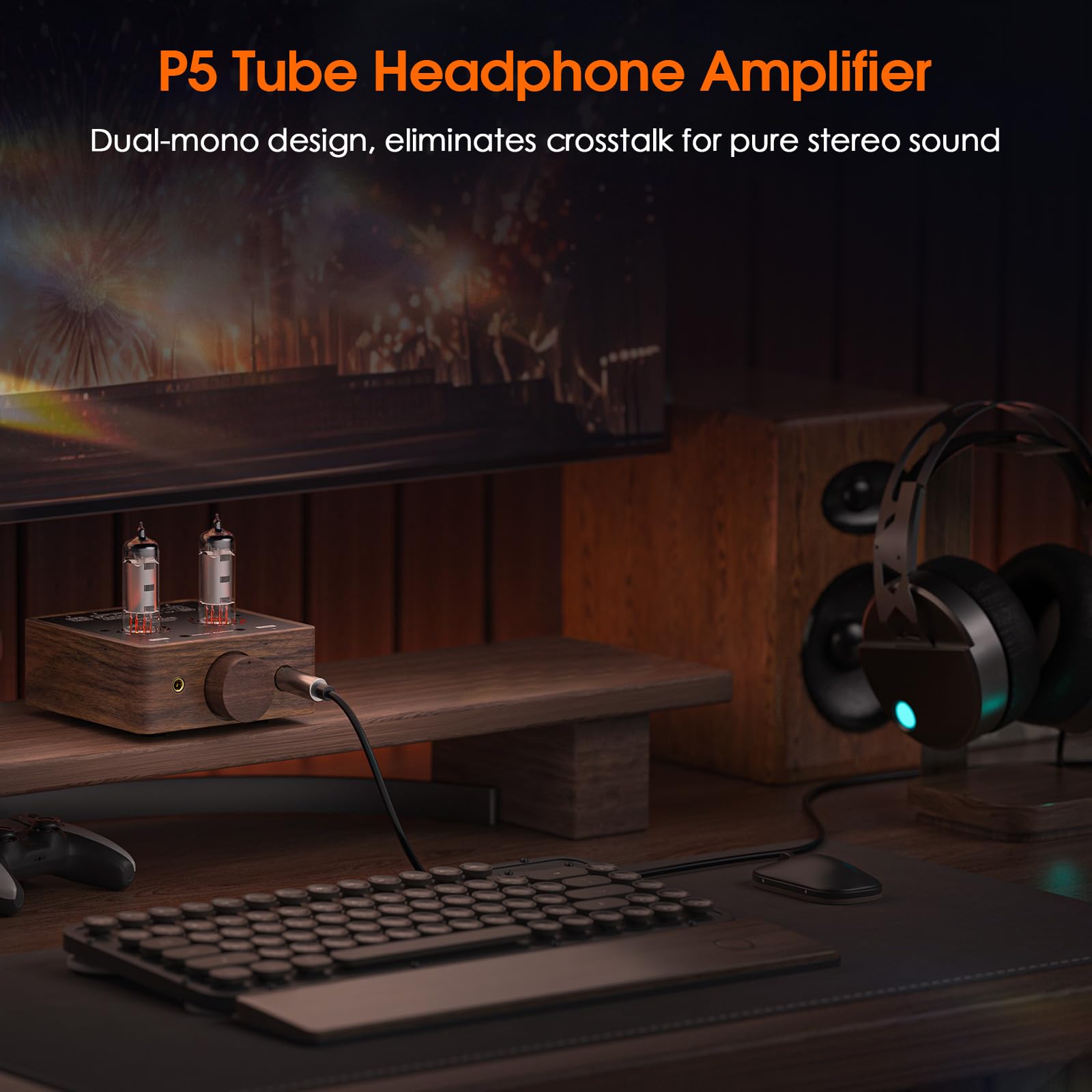 Douk Audio Mini lampowy wzmacniacz słuchawkowy Desktop Stereo Audio przedwzmacniacz z gniazdem 4,4/6,35 mm (drewno orzecha włoskiego)