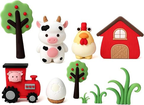 Animal Cake Toppers 11Pcs Farm Tractor Chicken Cow Egg Figurines