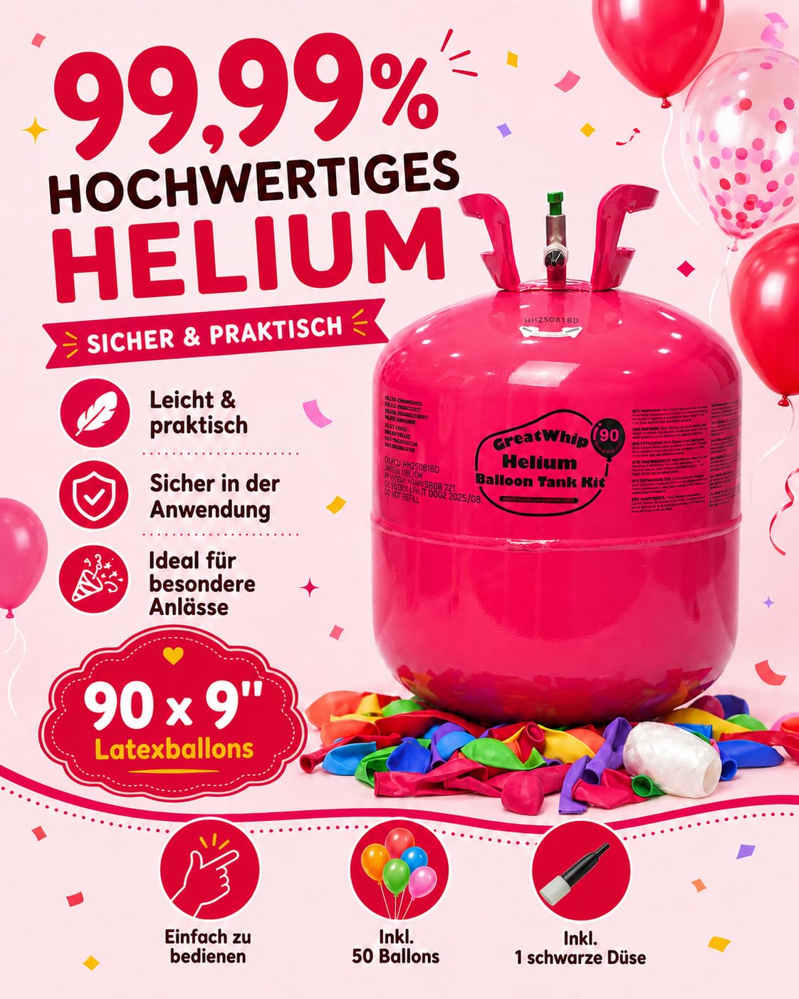 GreatWhip Ballongas für 90 Luftballons Helium Gasflasche 600 Liter (0,6m³) XXXL Einweg mit Füllventil, inkl. Kinderluftballons und Bänder, Hochzeit, Geburtstag, Firmenevent, Party | Einwegflasche mit Füllventil, inkl. Luftballons und Bänder; für Hochzeit,