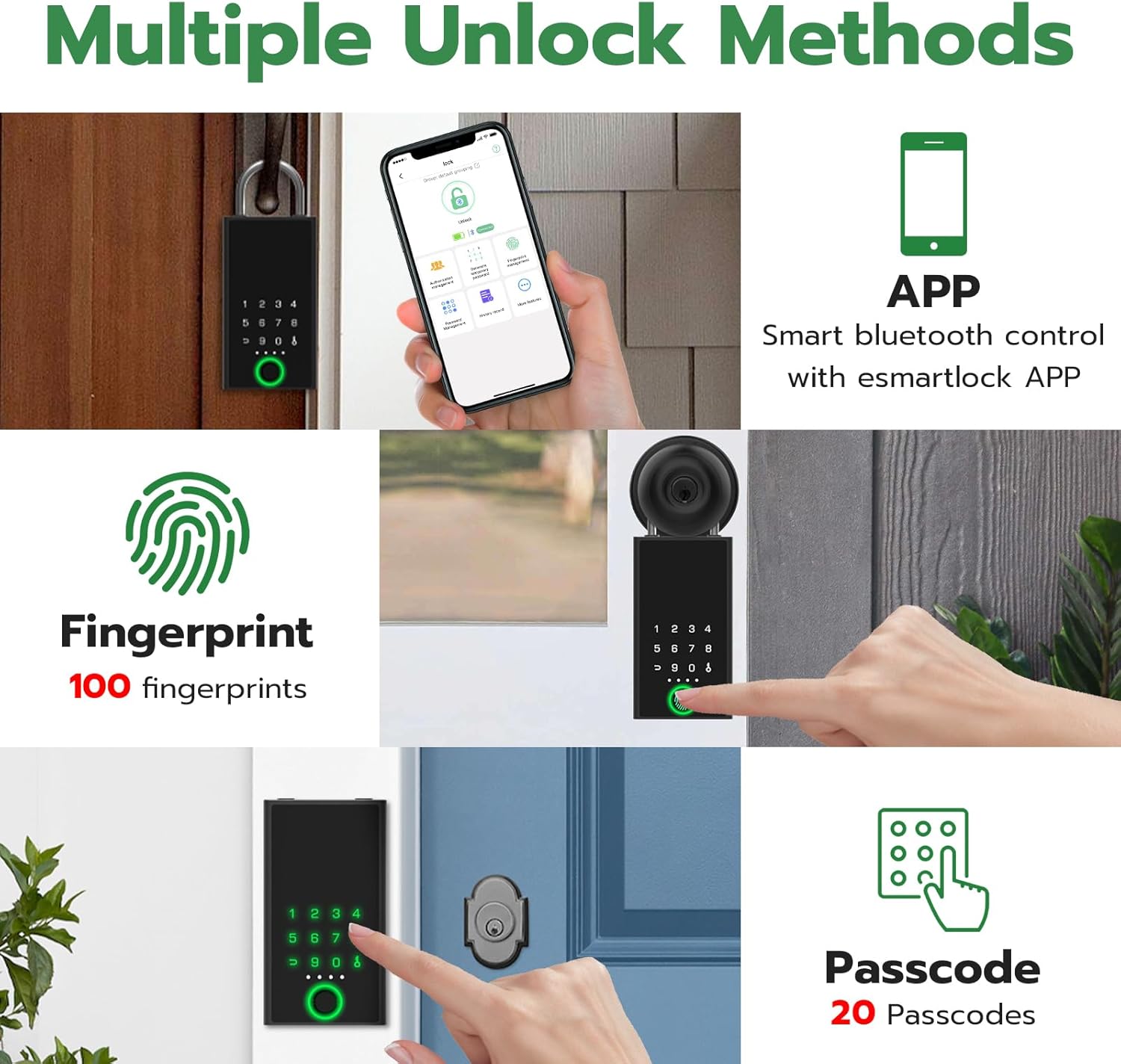 Multiple unlock methods for the Eseesmart Smart Lock Box, including app, fingerprint, and passcode.