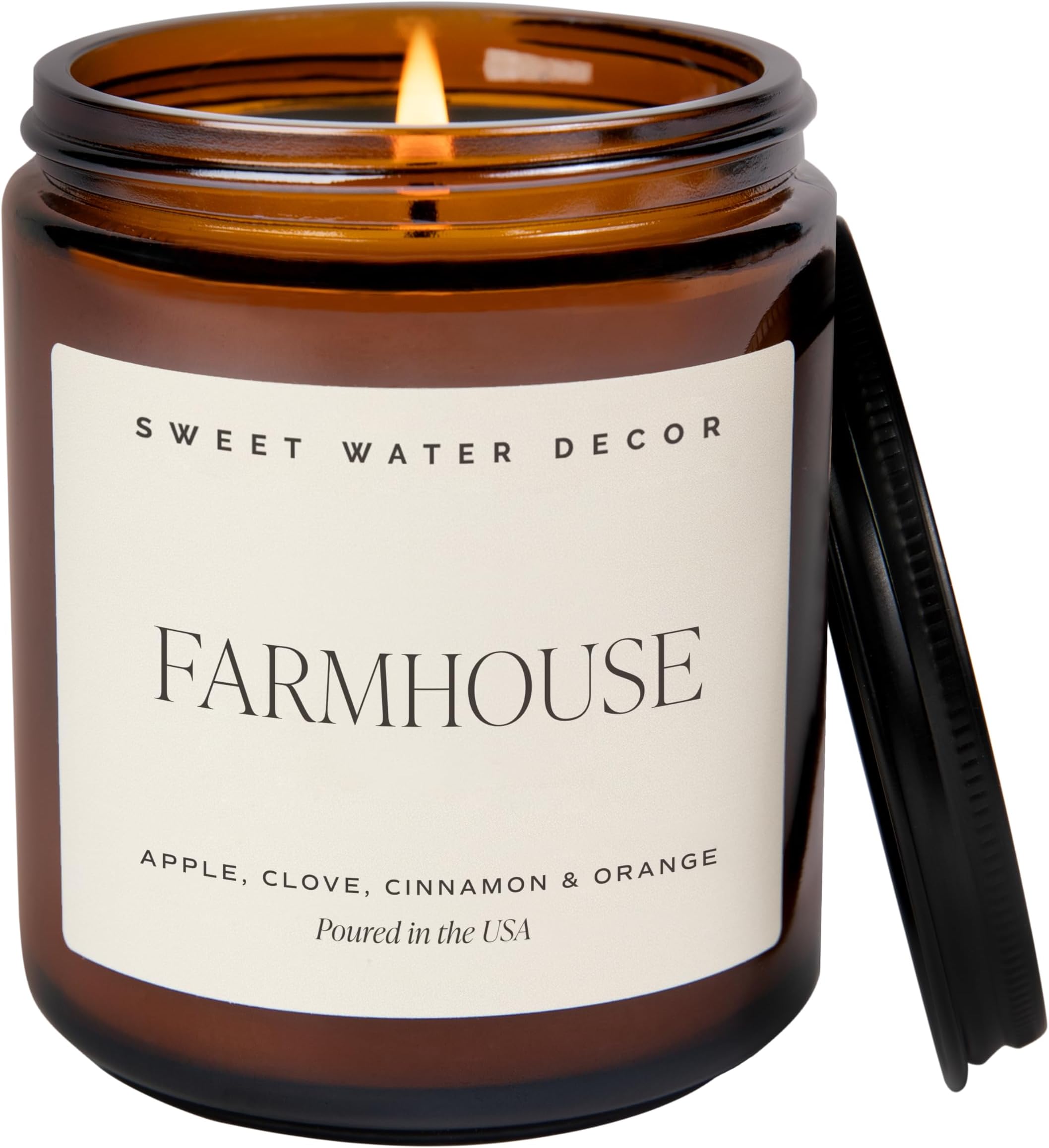 Sweet Water Decor Farmhouse Soy Candle - Apple, Orange, Pumpkin and Clove Scented Fall Candles for Home - 9oz Amber Jar + Black Lid, 40+ Hour Burn Time, Made in the USA