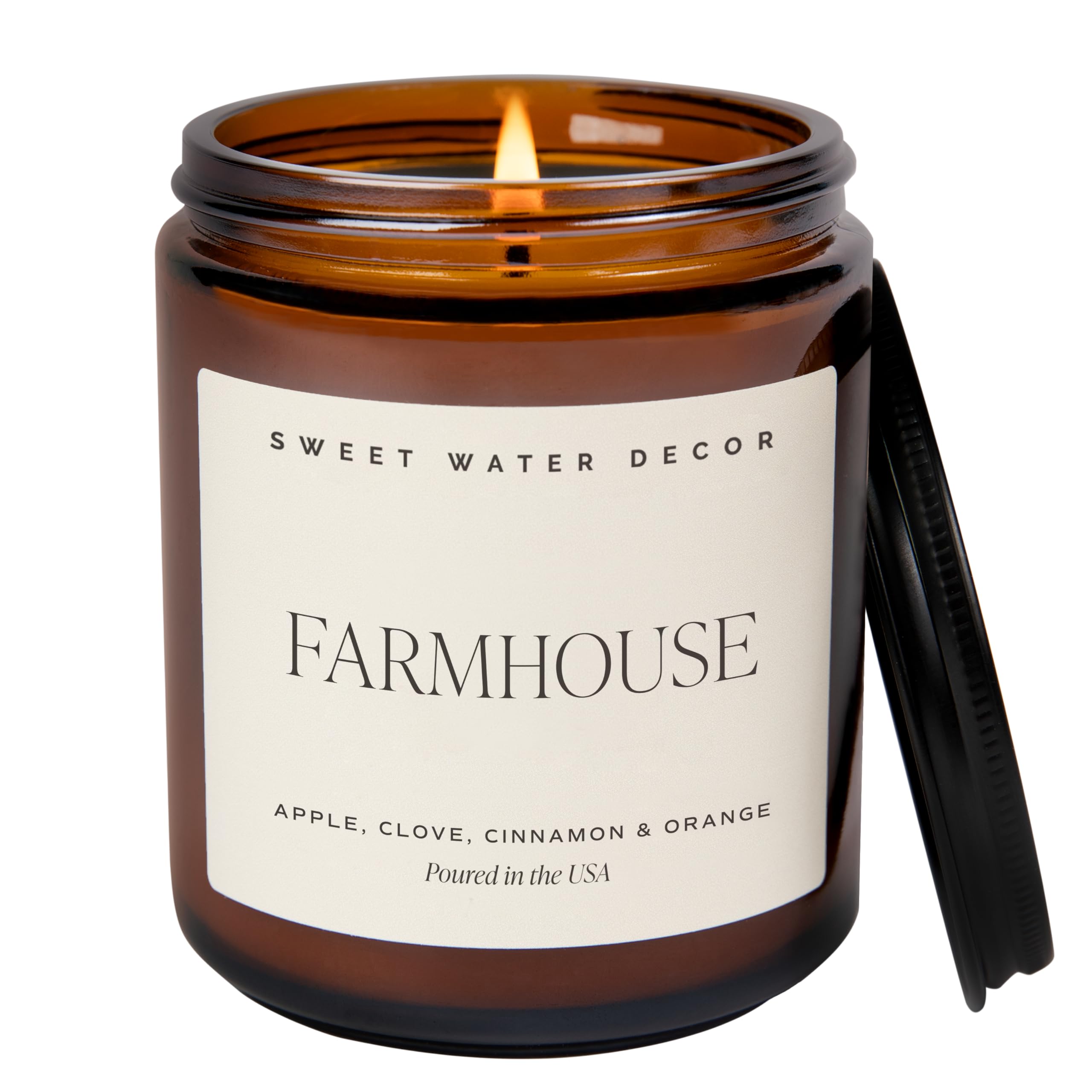 Sweet Water Decor Farmhouse Soy Candle - Apple, Orange, Pumpkin and Clove Scented Fall Candles for Home - 9oz Amber Jar + Black Lid, 40+ Hour Burn Time, Made in The USA