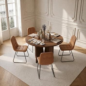 HIPIHOM Modern Round Dining Table Set for 4, 39.4" Walnut Kitchen Table with 4 PU Leather Chairs, 5-Piece Mid-Century Dining Room Set for Small Spaces, Pedestal Base