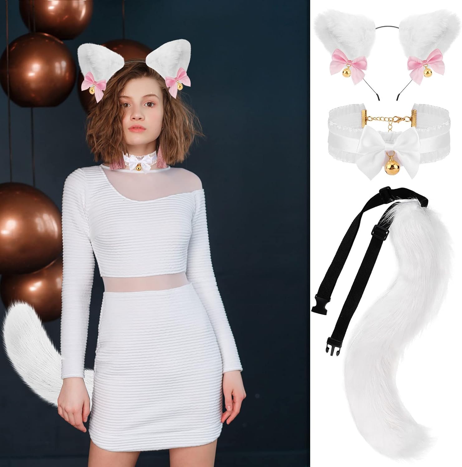 XEPST Cat Cosplay Costume Set Cat Ears and Animal Tail Kit, Faux Fur Furry Fox Wolf Tail Kit with Ears and Bells Collar for Anime Fancy Dress Party Halloween Christmas Dress Up Carnival Role Play - Image 6