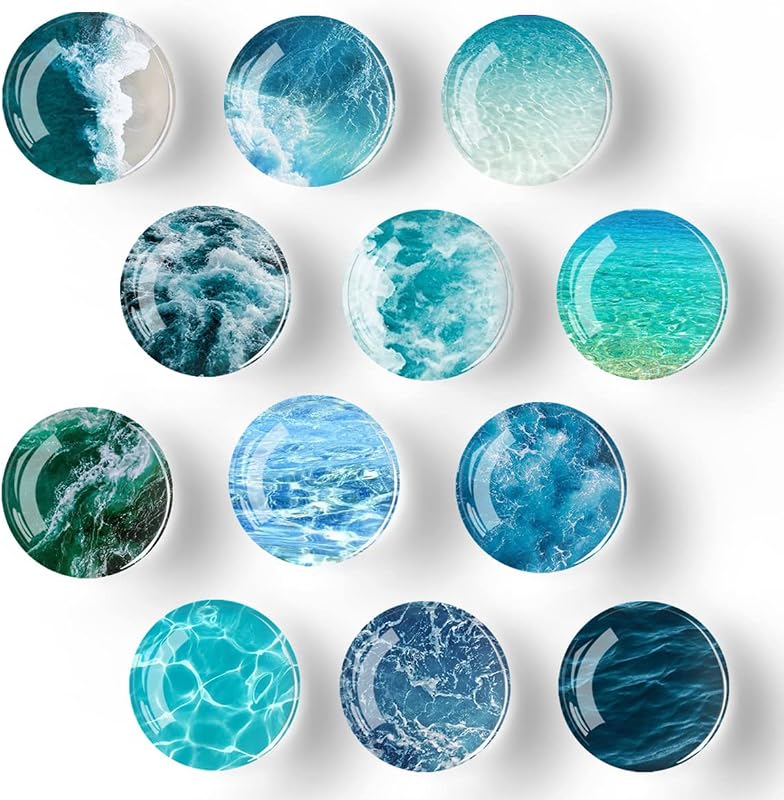 Bamsod 12 PCS Glass Strong Refrigerator Magnets, Ocean Pattern Series Whiteboard Magnets for Office Cabinets Round Fridge Stickers Home Kitchen Decor