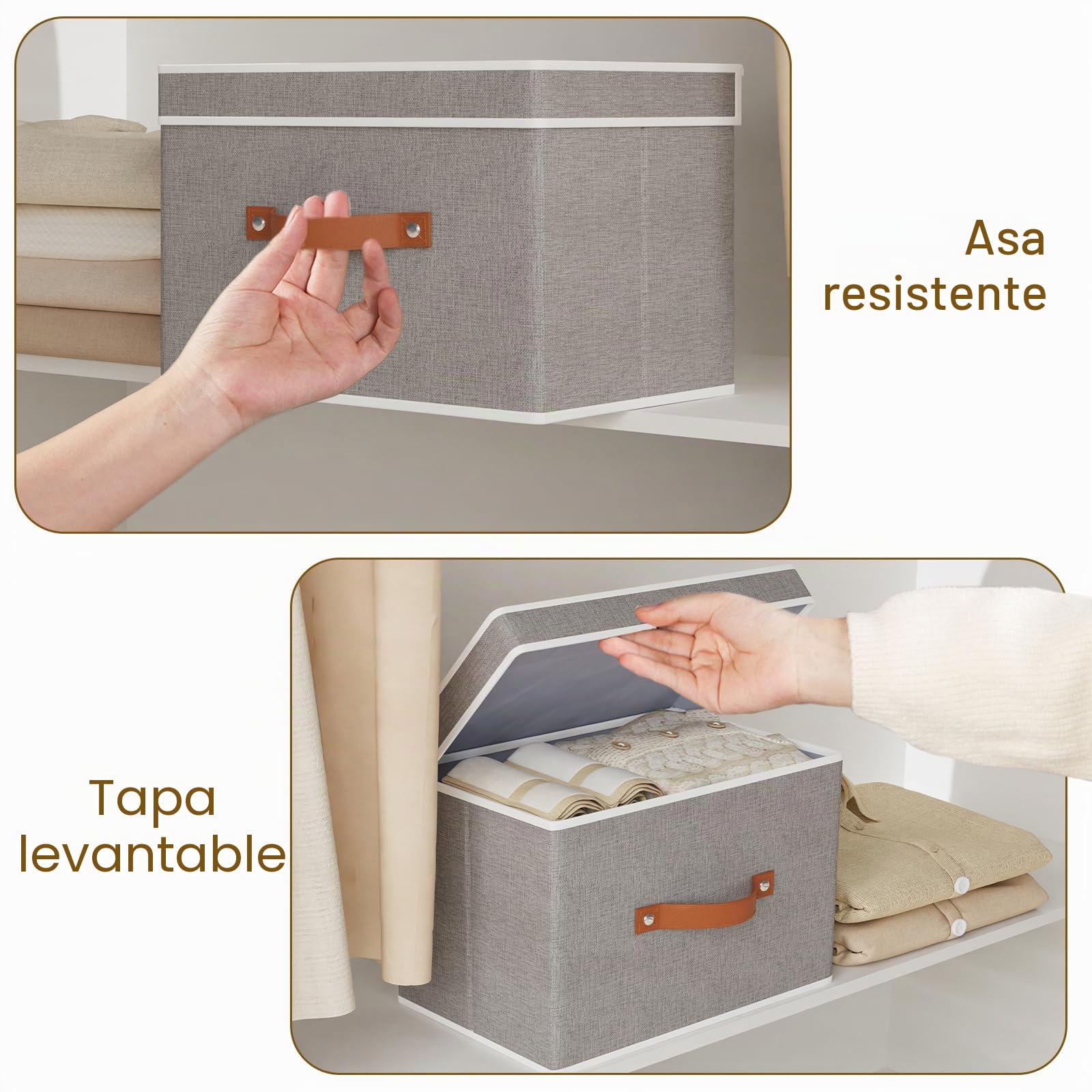 Set de 5 Caja Almacenaje con Tapa, Plegable Cestas Organizadoras con Asas, Cajas Almacenaje Ropa para Libros, Mantas, Sábanas, Gris, 33×23×20cm