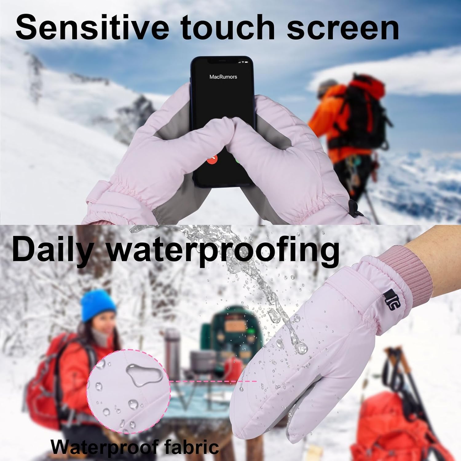 Winter Ski Mittens for Women, Waterproof Thermal Ski Gloves Anti-Slip Touchscreen Snow Mittens for Cold Weather - Image 5