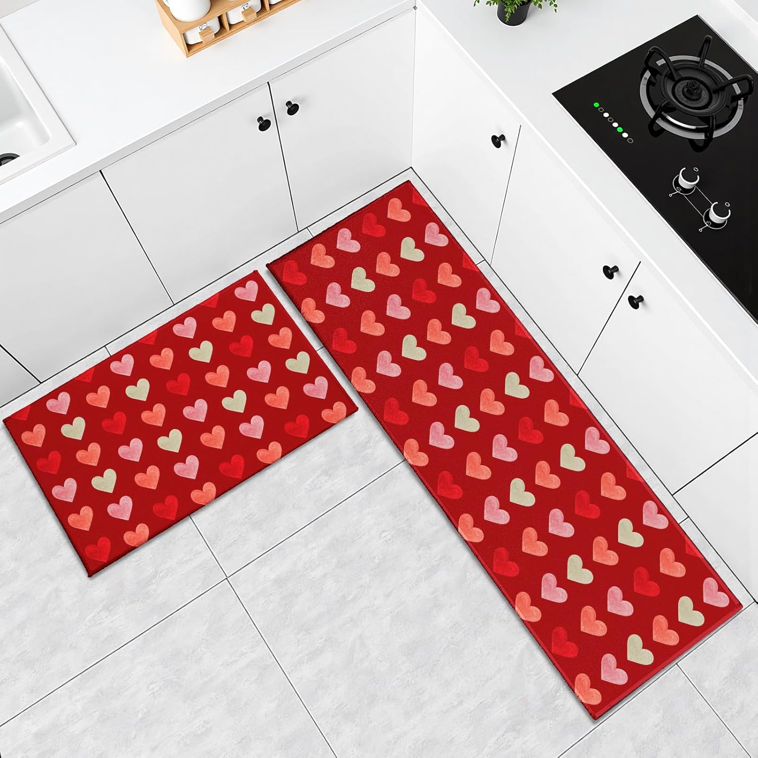 Valentines Day Kitchen Mats for Floor Set of 2 Love Heart Block Print Holiday Red Valentine Kitchen Rugs Non Slip Washable Absorbent Anniversary Kitchen Runner Rugs Decor,17x30 and 17x47 Inch