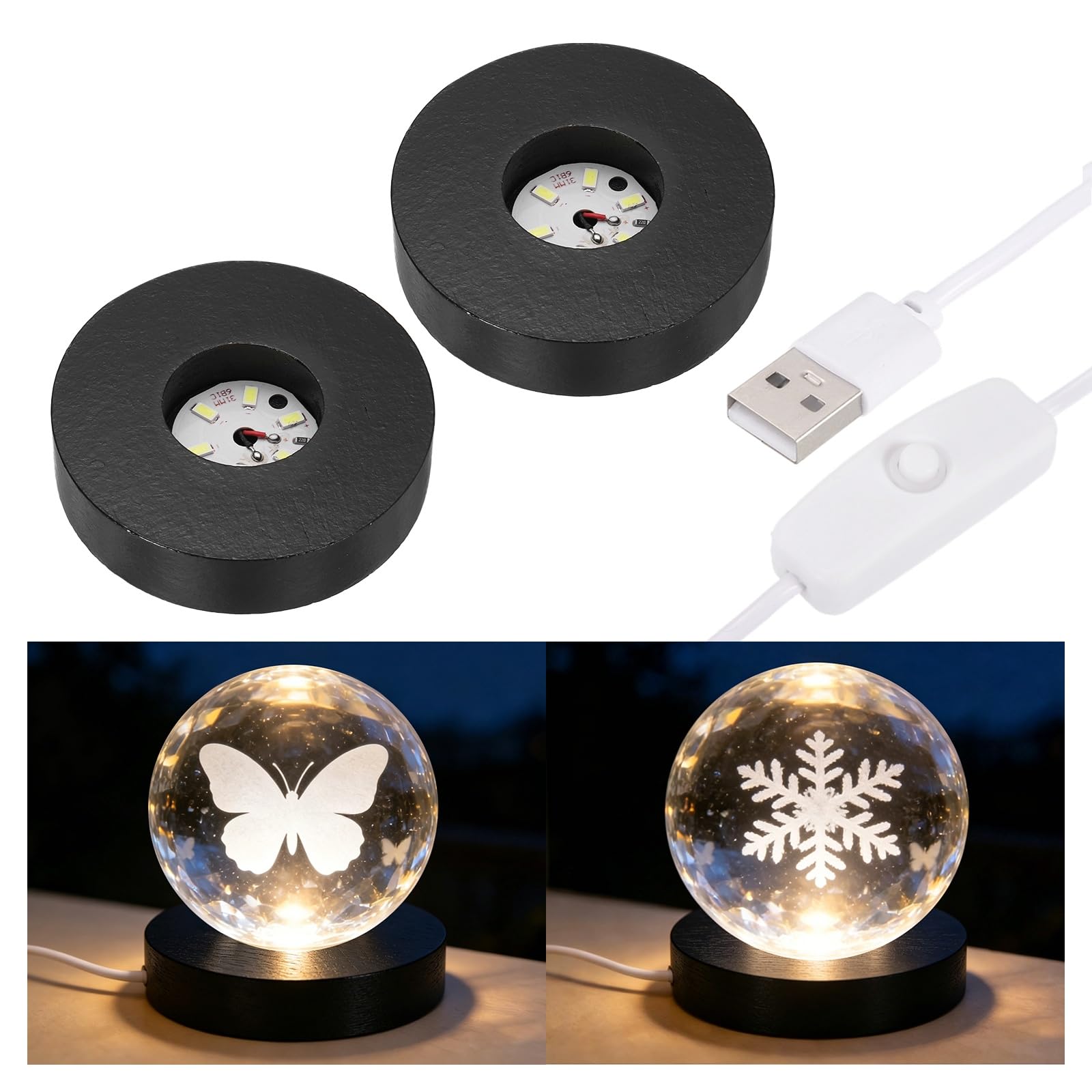 PATIKIL Black Wood LED Light Base 3.15" LED Light Stand Lighted Round Crystal Display Base for 3D Glass Art/Acrylic Art Resin Crafts Light Display Stand Room Home Decor, White Light
