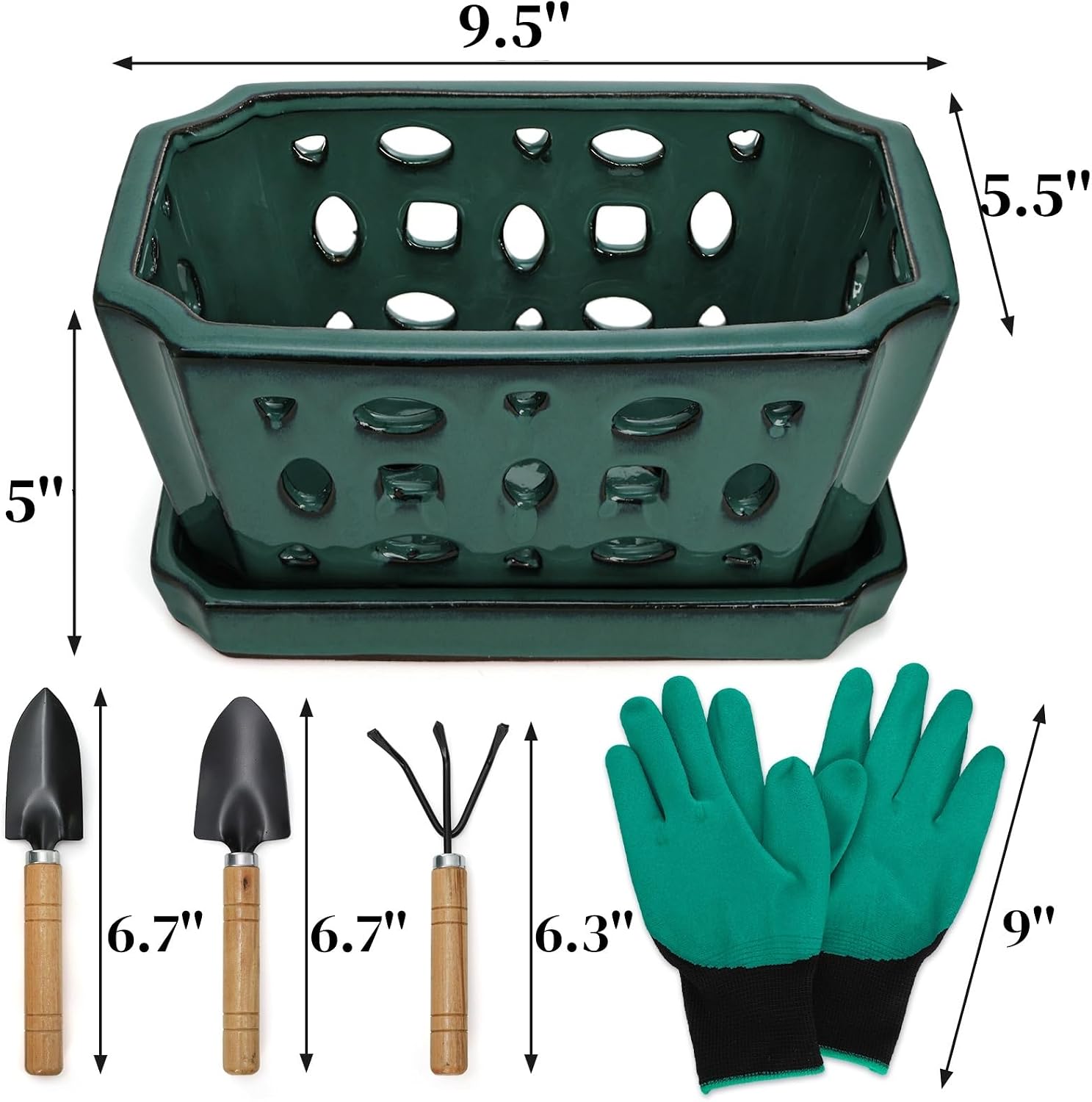 Pumtus Ceramic Orchid Pot with Saucer & Holes, Large Rectangle Repotting Plant Pot with Gloves & 3 PCS Shovels, Thickened Glazed Decorative Planter, Slotted Flower Container for Good Air Circulation