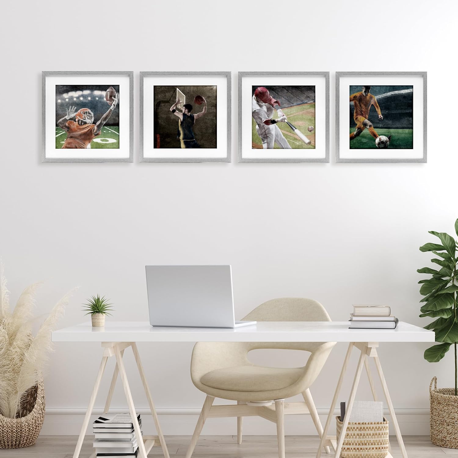 Stupell Industries Sports Balls In Action 4 Piece Gray Framed Print Under Glass Set, design by Kim Allen, 13 x 13