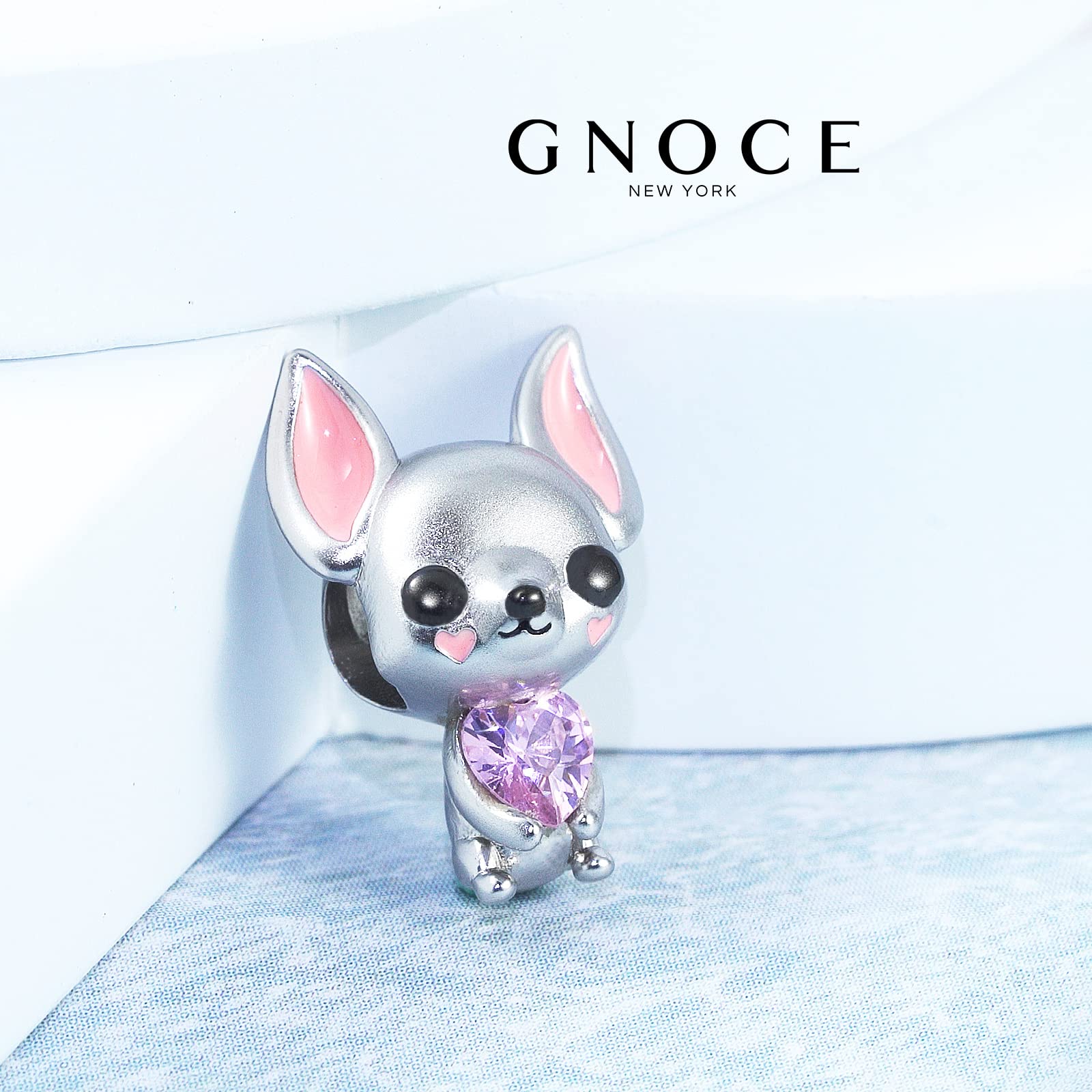 GNOCE Charm Bead Cheshire Cat Hugging Heart Gemstone Charm 925 Sterling Silver Black Pulsera Collar Joyería Regalo para mujeres