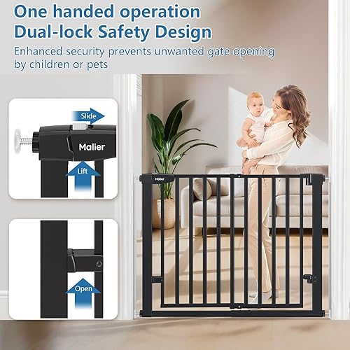 Miniatura 6 de Malier Puerta de bebé para escaleras con puerta grande para pasar, 29-40 pulgadas, puerta para perro montada a presión sin taladro, puerta para