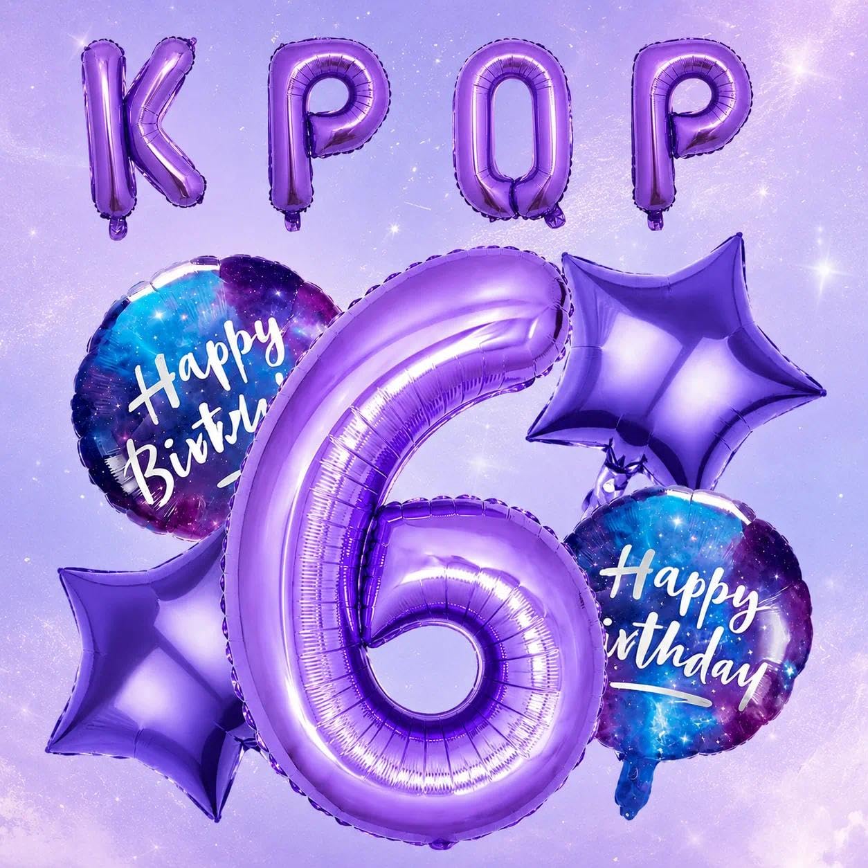 Kpop 6th Birthday Decorations Girl, 9Pcs Purple Balloons Set, Including Inflatable 6 Balloon, Letter Foil Balloon, Star Balloons & Ball Balloons for Girls Boys Birthday Party Decorations