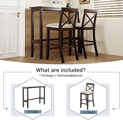 Miniatura 2 de Juego de 3 mesas de comedor rústicas modernas con altura de encimera juego de 3 piezas de madera maciza mesa de comedor extra larga con 2 cajones de