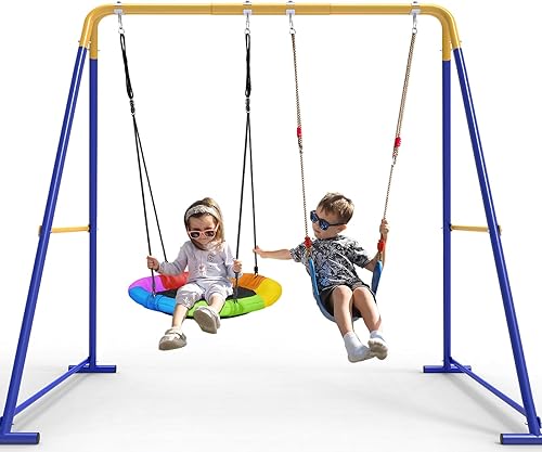 Juegos de columpios para patio trasero, juego de columpios para niños pequeños con 2 asientos, 1 platillo y 1 asiento para cinturón, marco de