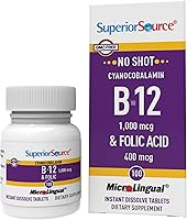 Vista 10 de Superior Source No Shot Vitamina B12 Cianocobalamina (1000 mcg), ácido fólico (400 mcg), tabletas microlingües de disolución rápida, 60