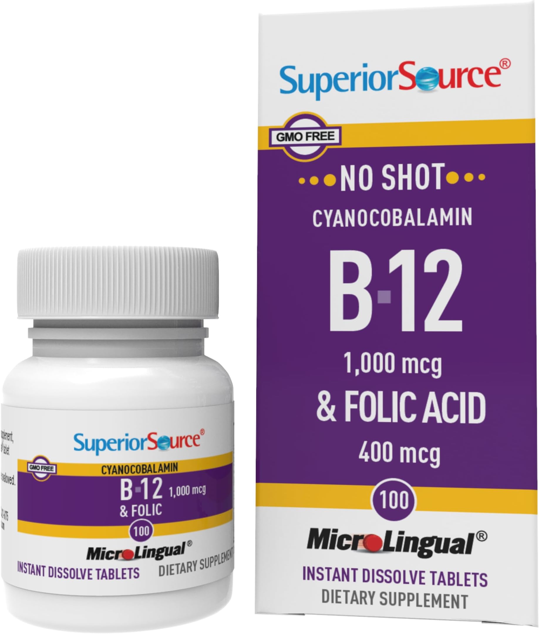 Superior Source No Shot Vitamin B-12 Cyanocobalamin 1000 mcg & Folic Acid 400 mcg - Offers Energy, Heart, Brain, & Stress Support - 100 Sublingual Dissolving Tablets