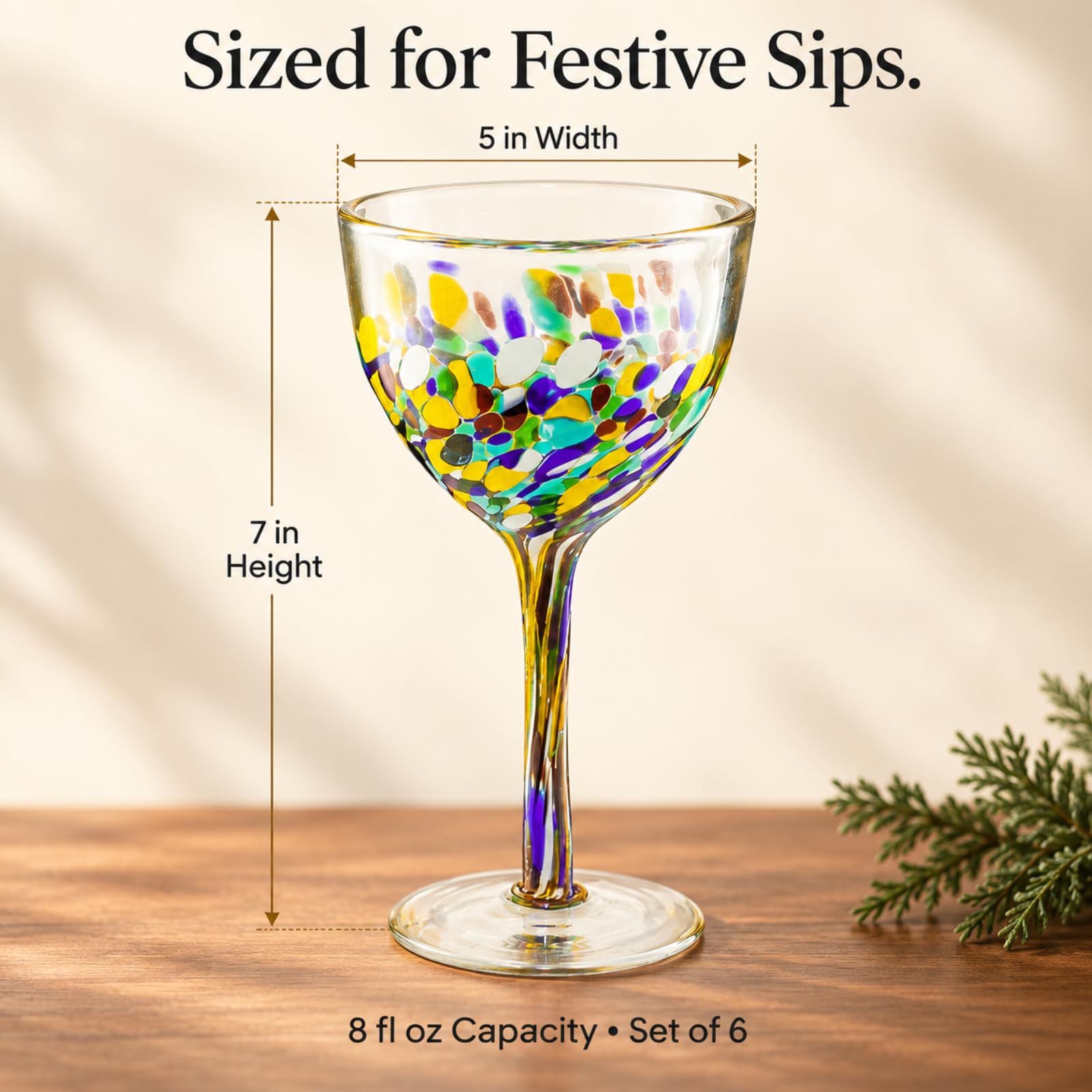 Weingläser aus recyceltem Glas, mexikanisches Set, luxuriös, mundgeblasen für Wein und Wasser, je 237 ml, Kobalt-Cinco de Mayo-Konfetti-Gläser, 6