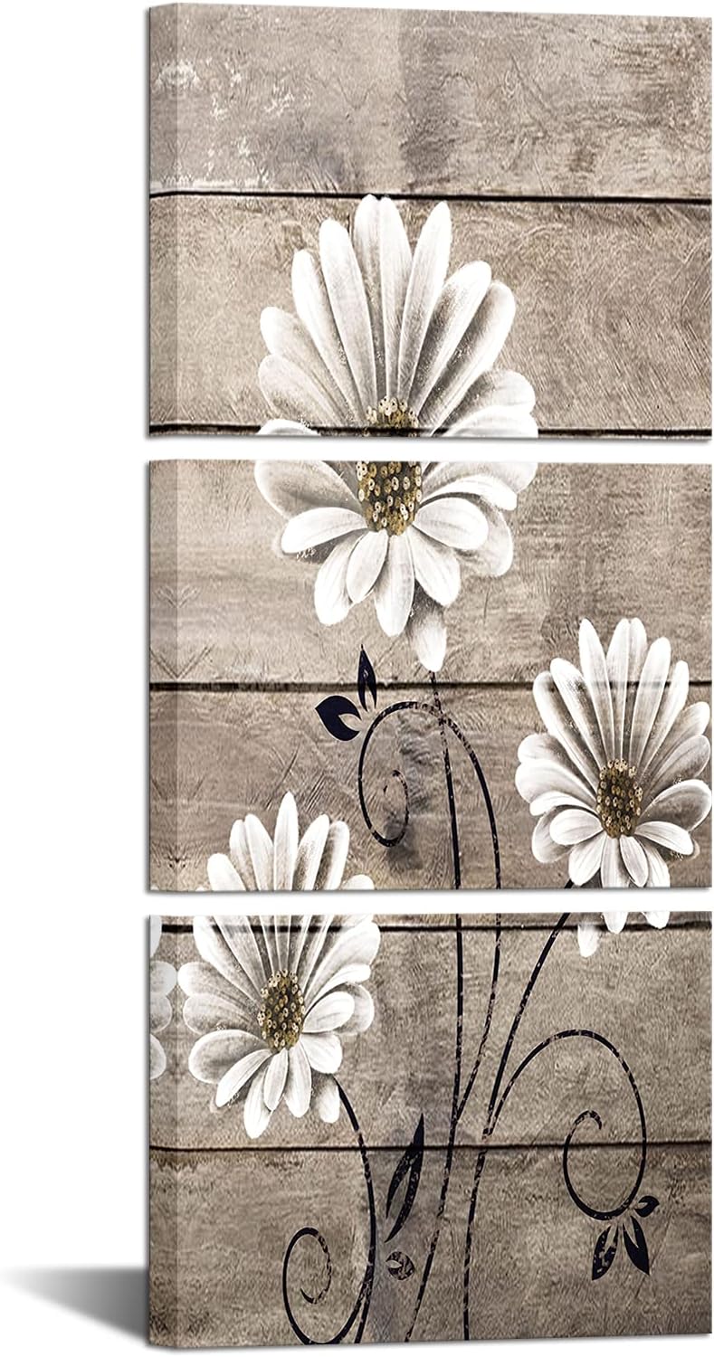 LevvArts 3 Piece Daisy Flower Wall Art Rustic Farm Floral Painting Artwork for Farmhouse Bedroom Bathroom Kitchen Decor 12"x16"x3PCS