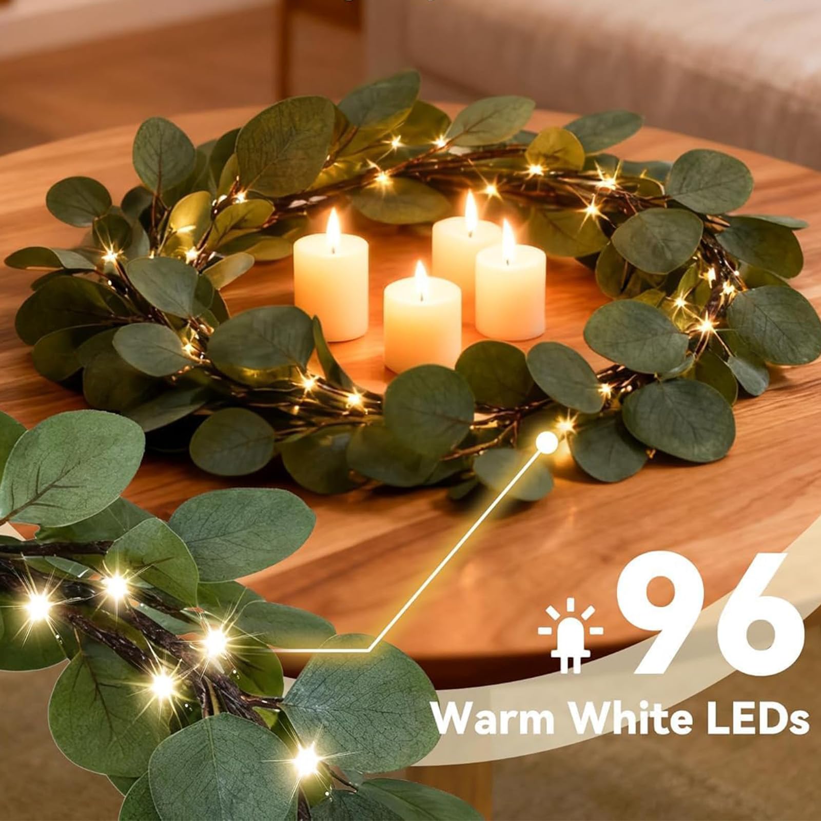 Generisch Biegbare, realistische Eukalyptusblätter, LED Girlanden für Kaminsimse, Treppenaufsätze, Hochzeiten, Weihnachtsdekorationen, warmweiße Girlanden mit Feenlichtern