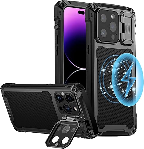 Funda de metal para iPhone 14 Pro, con MagSafe protección de grado militar de 10 pies soporte de anillo de cámara integrado para cámara lente de