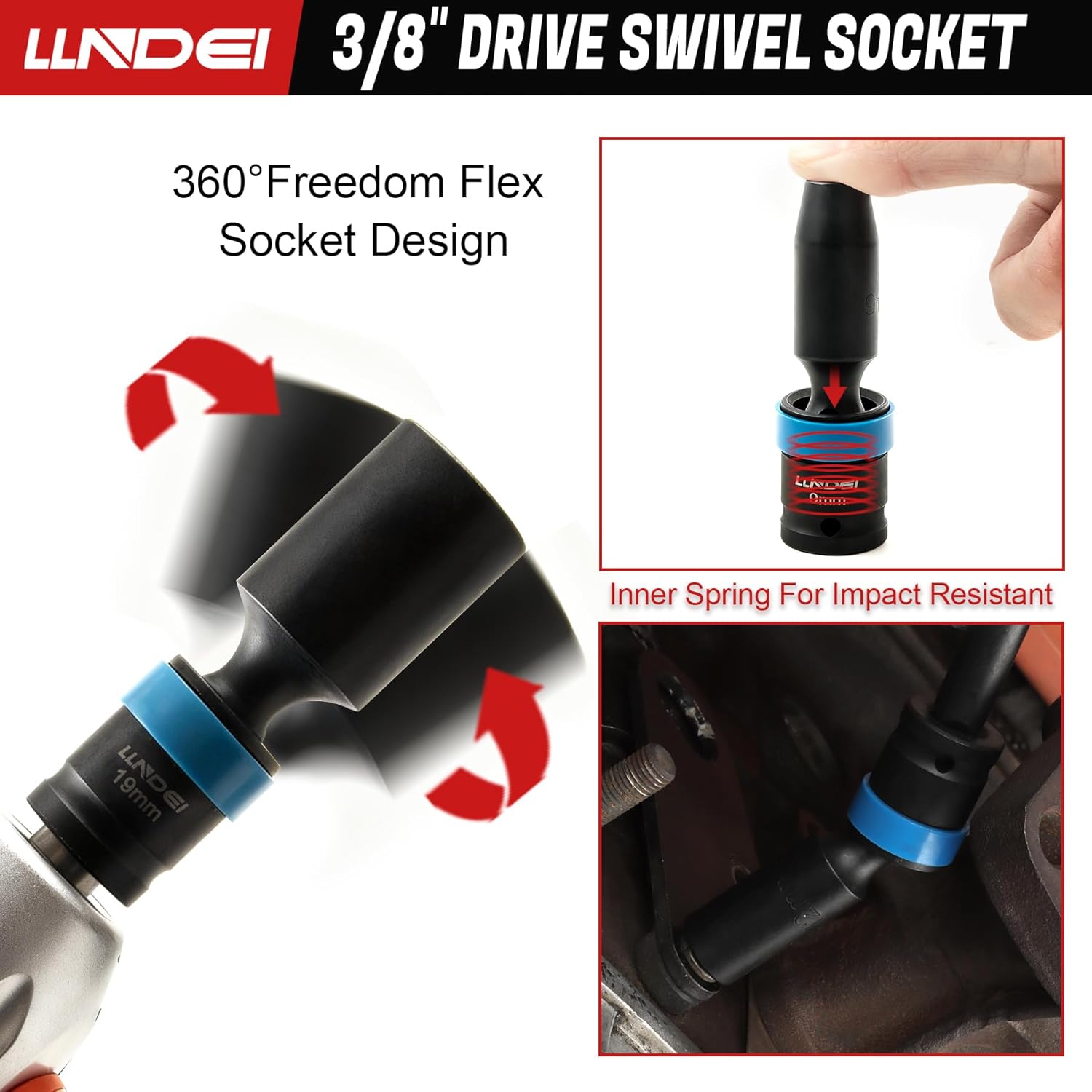 LLNDEI 3/8" Drive Swivel Socket Set, 19PCS Deep Universal Impact Socket Set, Metric(8mm-22mm) Premiun Wobble Socket Set, CR-MO Steel,3"& 6" Extension Bar