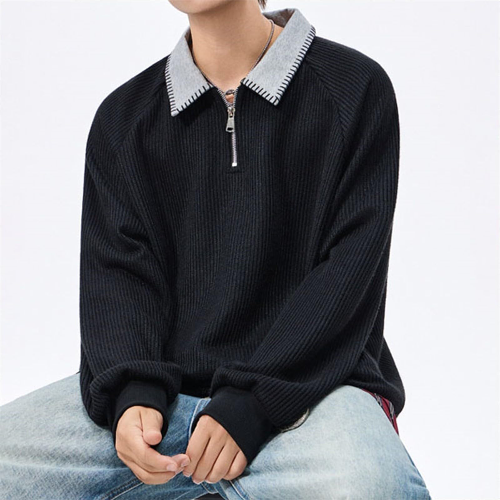 DENGJIAMY Polo grande taille avec fermeture éclair 1/4 pour homme