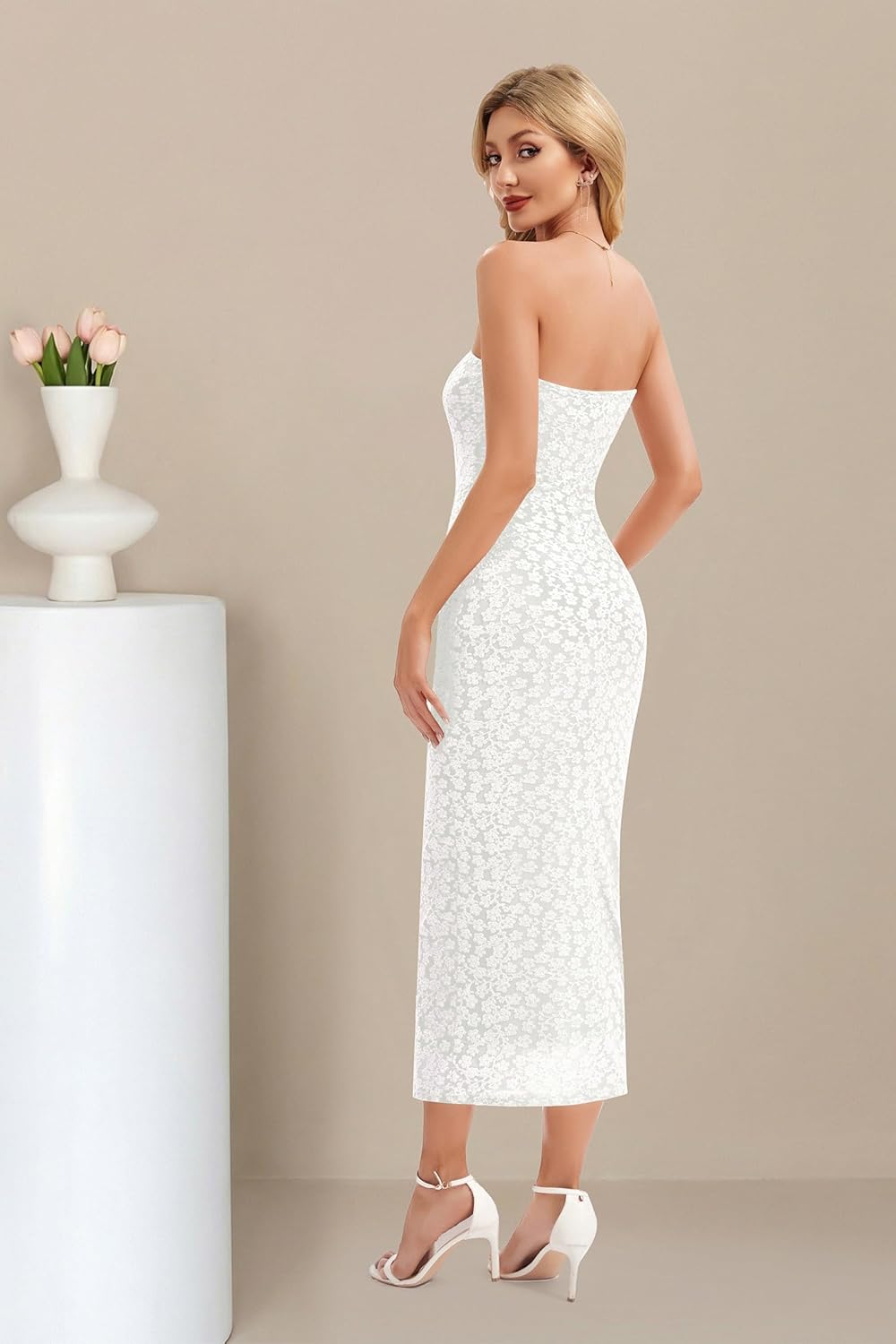 Esooland Women's Jacquard Floral Strapless Bodycon Midi Dress Off Shoulder Tube Beach Wedding Guest Bridal Dresses - Image 3