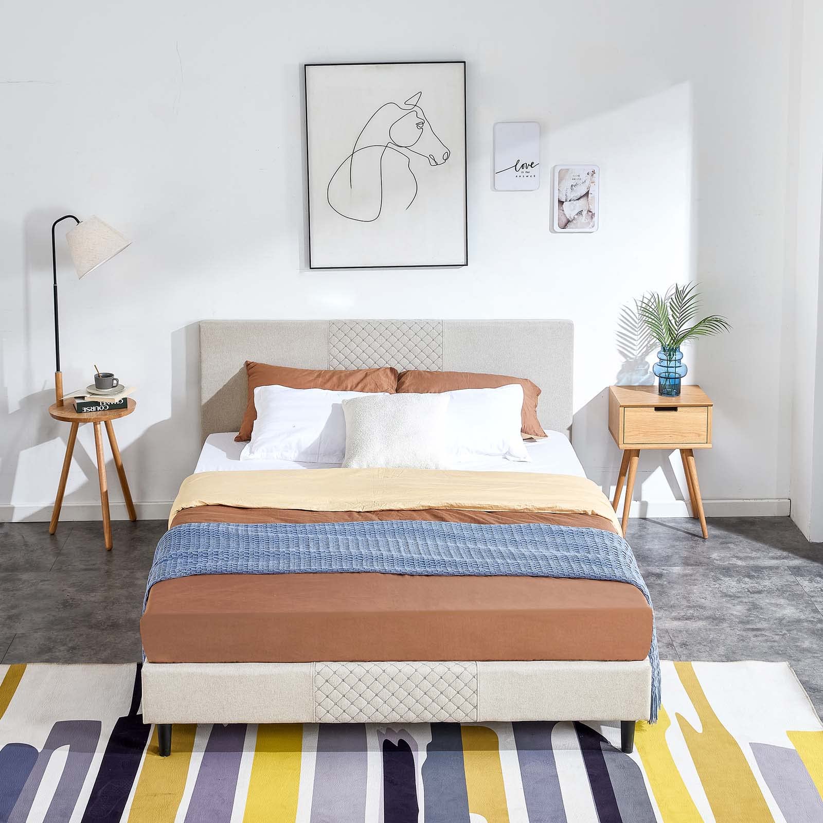 King Size Upholstered Platform Bed Frame with Tufted Headboard Mattress Foundation for Boys Girls Teens Adults No Box