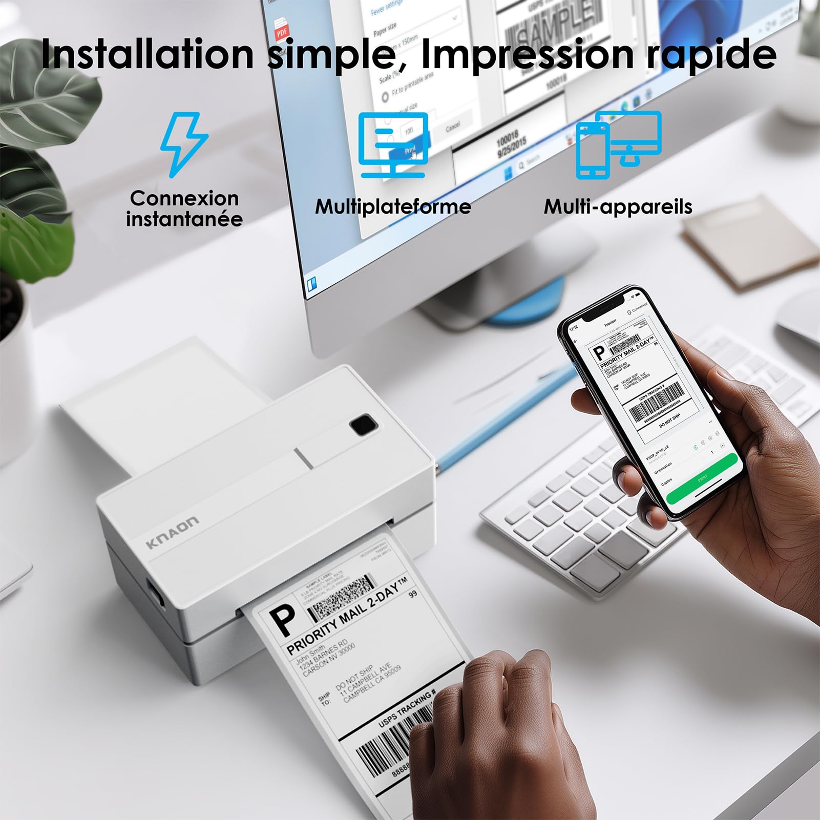 KNAON Imprimante Thermique Portable Bluetooth, Imprimante d'Étiquettes 4x6 sans Fil, Compatible iPhone/Android/Mac/PC, Blanc