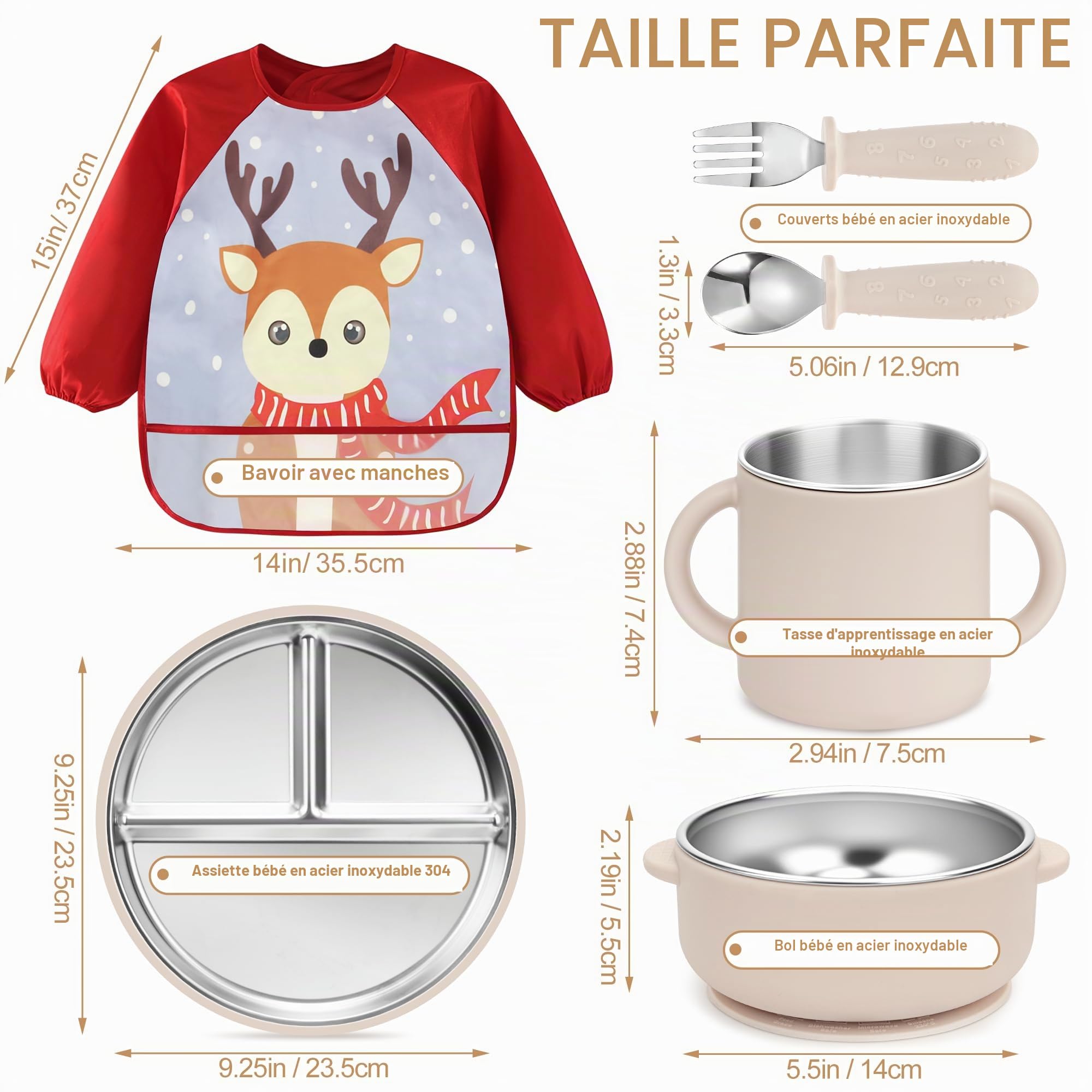 Set de vaisselle pour bébé en acier inoxydable avec ventouse, 6 pièces en acier inoxydable avec assiette, gobelet d'apprentissage, bavoir pour bébé avec manches, cuillère, fourchette, bol, sans