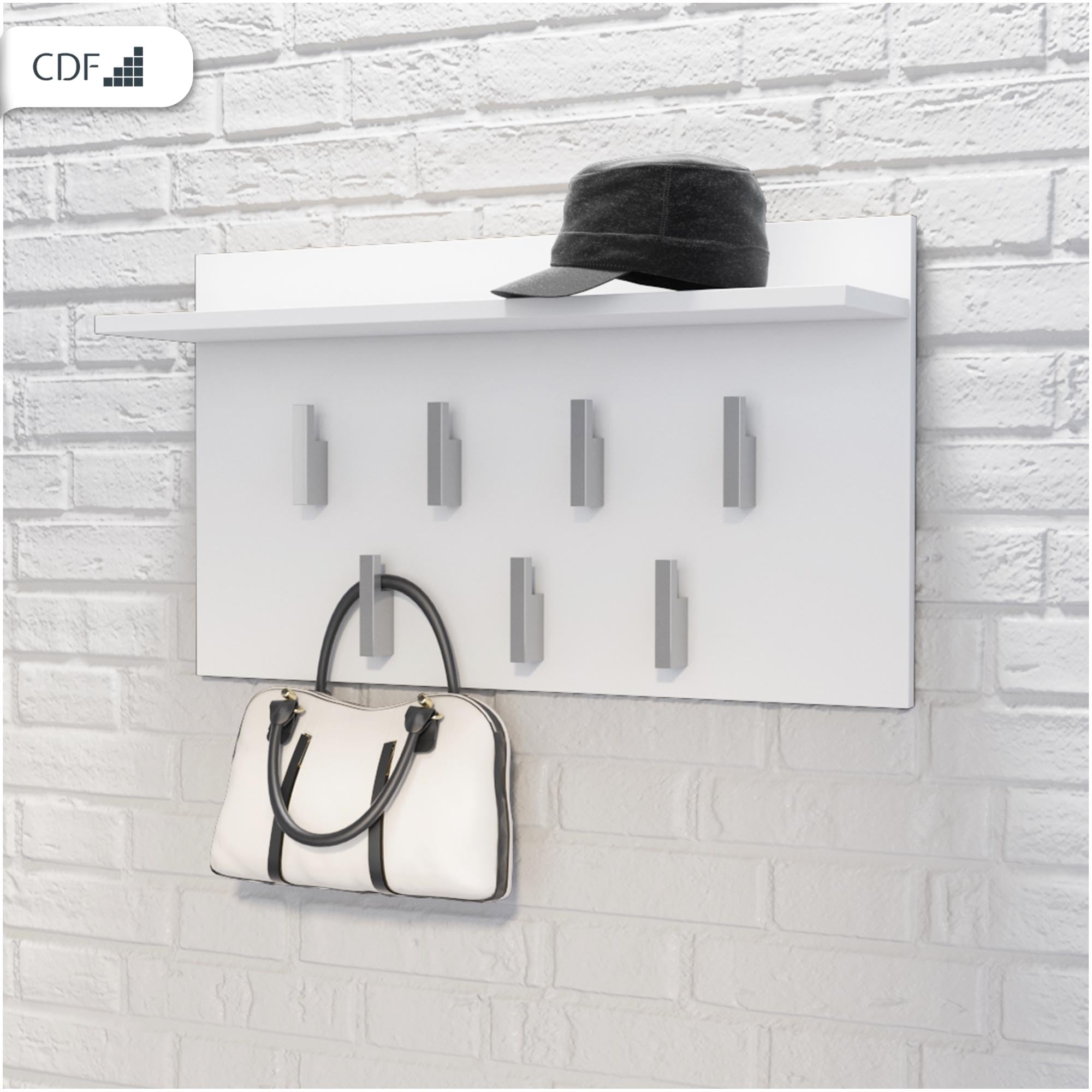 CDF Appendiabiti a Parete con Mensola Pannello Guardaroba da Muro con 7 Ganci per Ingresso Corridoio Ufficio Design Moderno Salvaspazio 70 x 20 x 40 cm - Bianco