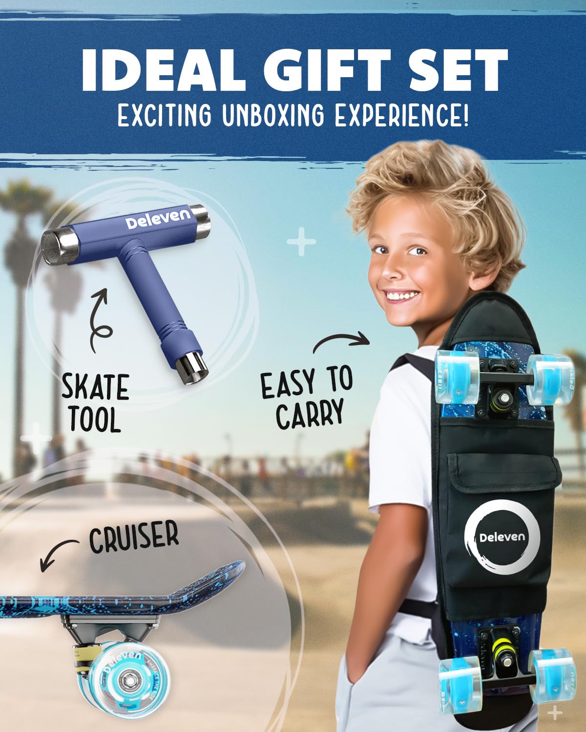 Deleven Skateboard 56cm avec Roues LED, Outil de Skate et Roulements
