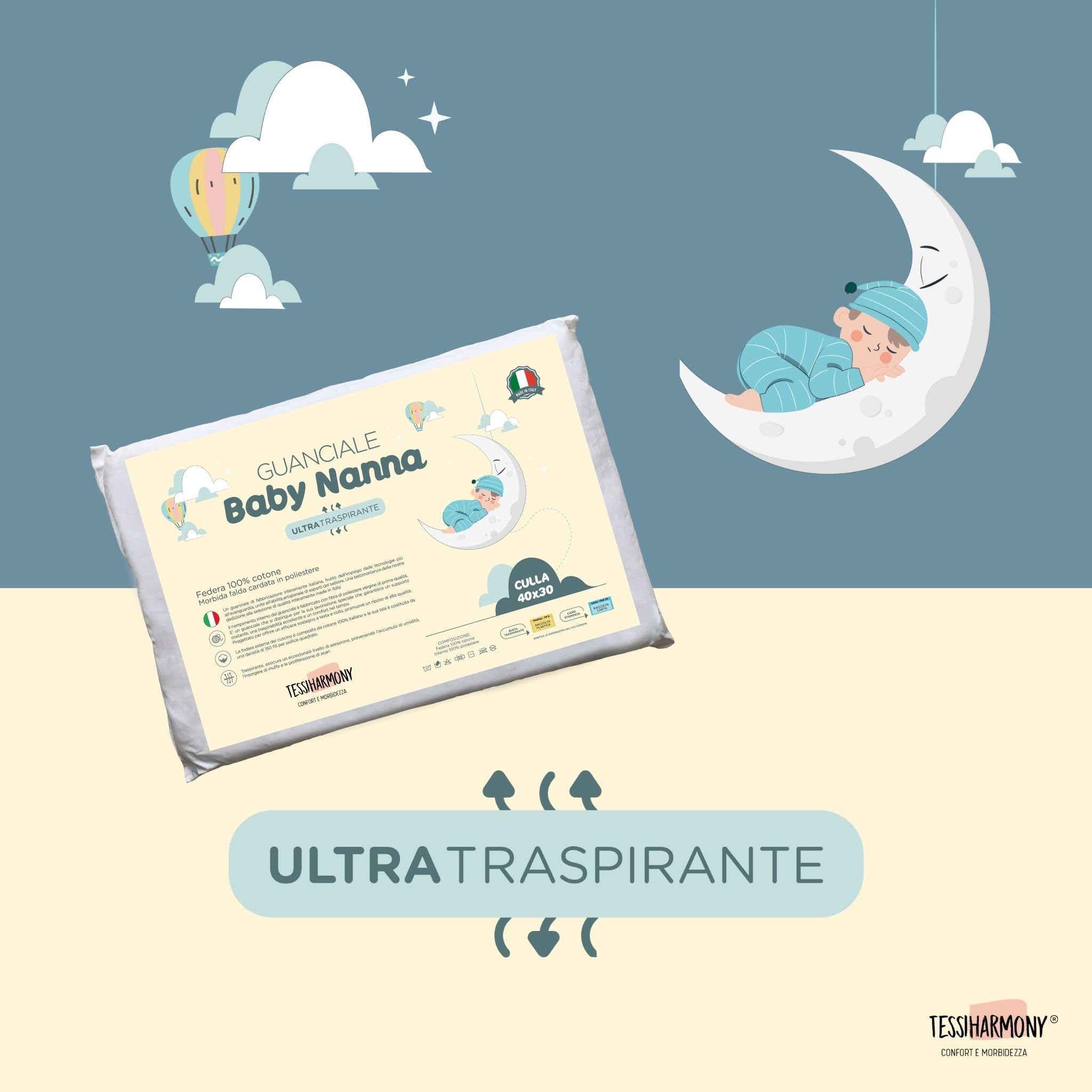 Tessiharmony Kinderkissen 60x40 Cm - 100% Baumwolle - Milbendicht & Hypoallergen - Made In Italy - 4 Cm Höhe