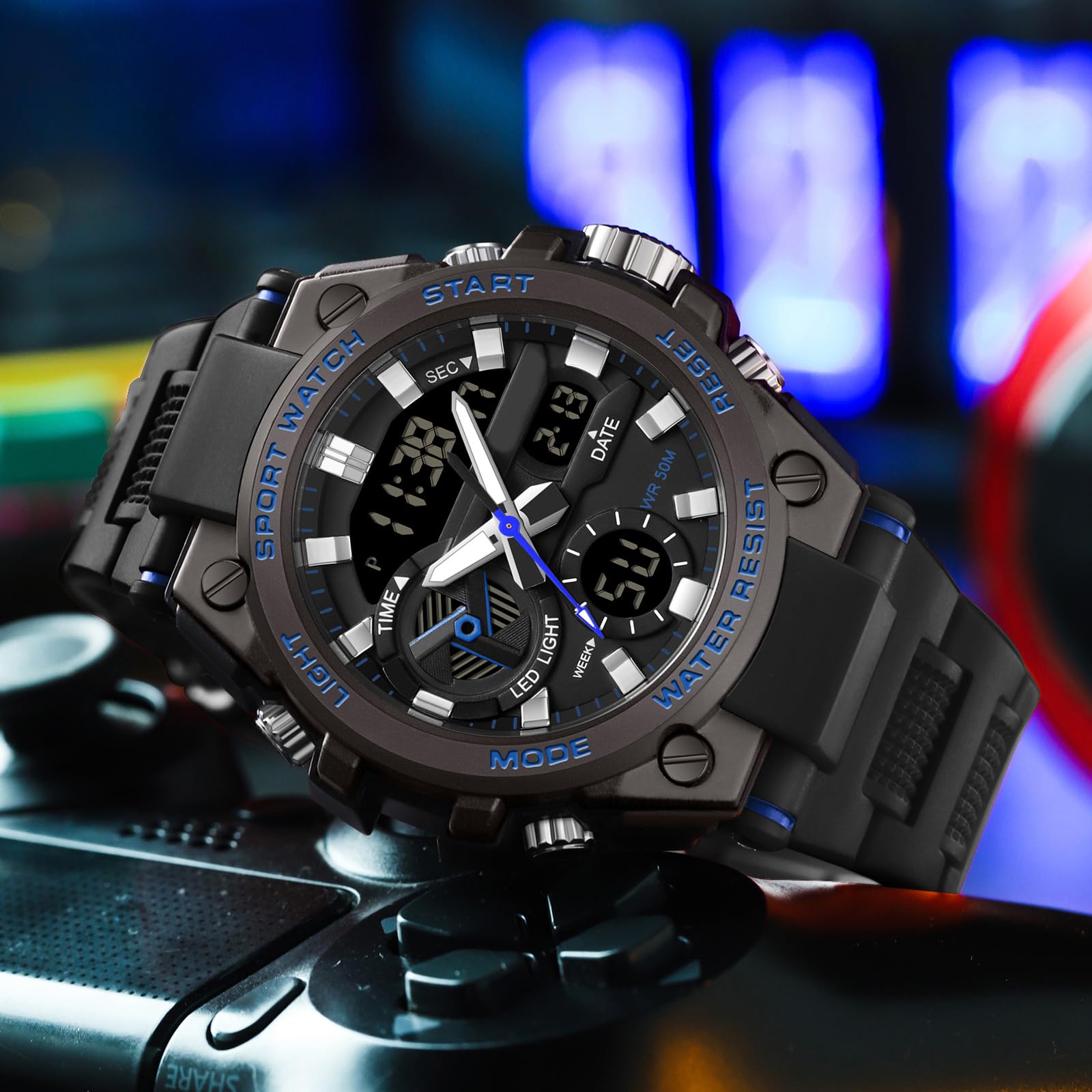 Orologio militare da polso da uomo, multifunzione, analogico, digitale, con cronometro, sveglia per ragazzi, 5 ATM, impermeabile, con illuminazione, data e giorno della settimana, casual