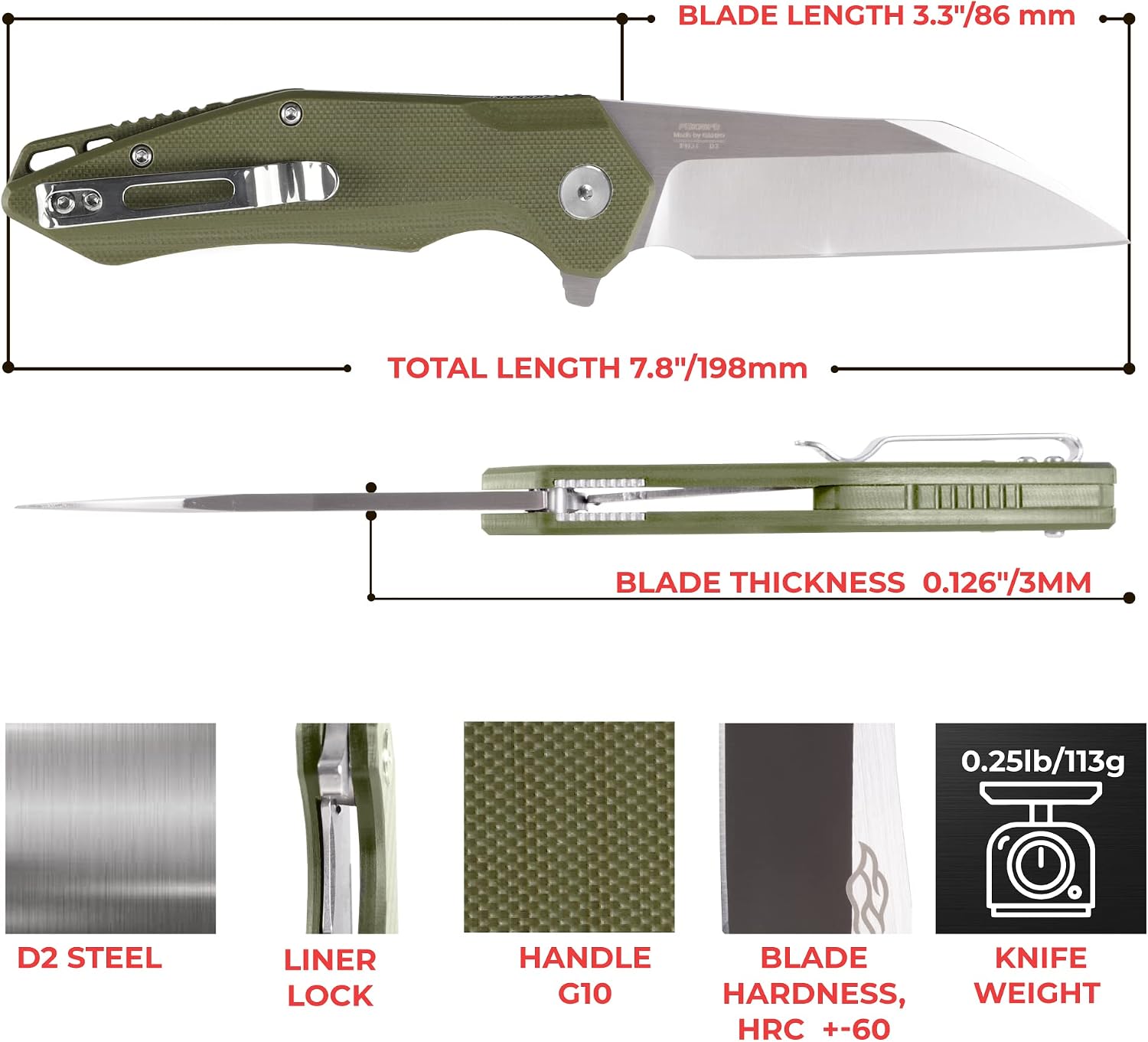 Firebird GANZO FH31 Folding Pocket Knife D2 Steel Wharncliffe Blade Ergonomic G10 Handle with Clip Hunting Fishing Flipper Camping Outdoor EDC Knife (Green)