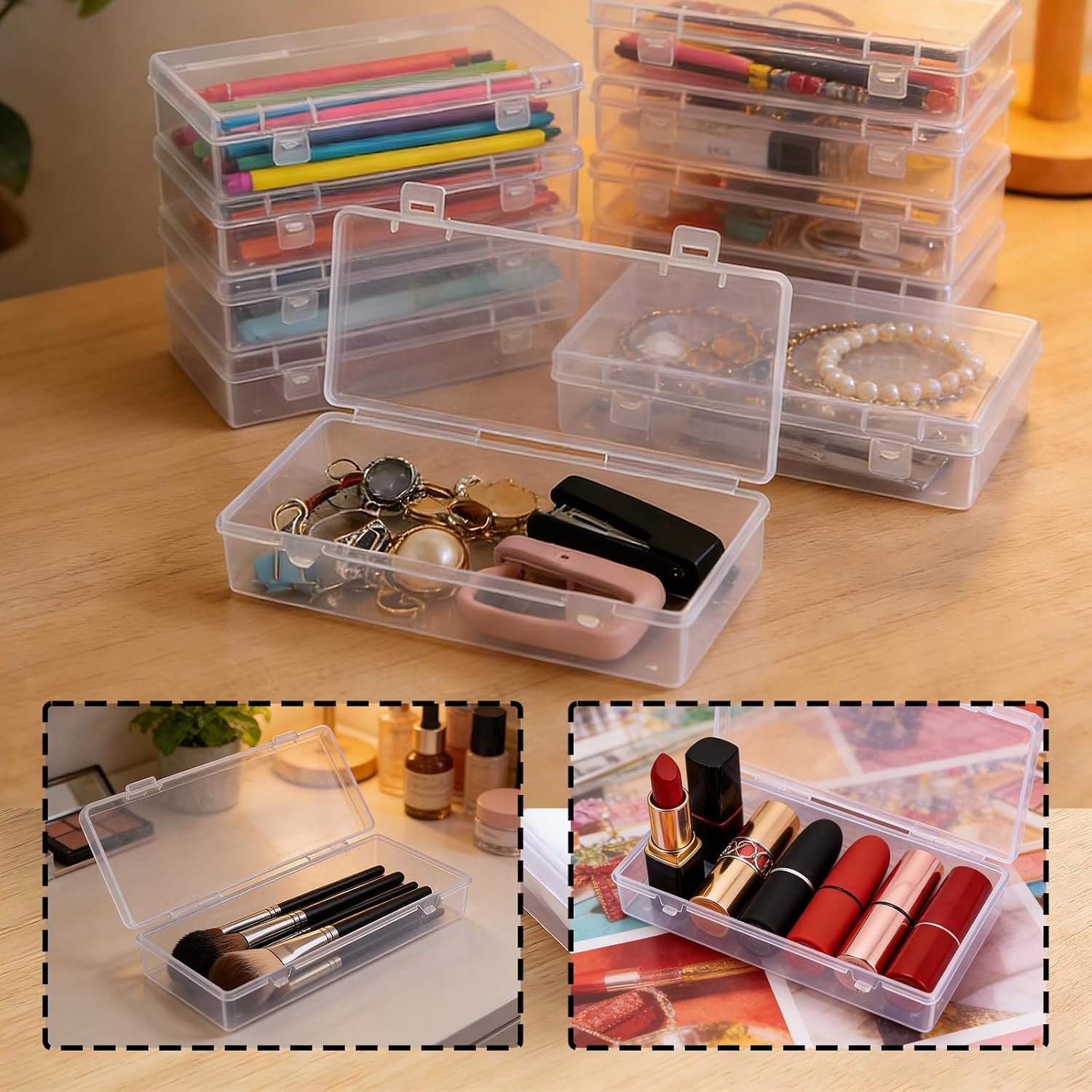 6 Pcs Small Plastic Case, 6.1x2.6x1.2 Inch Mini Plastic Storage Containers Box with Hinged Lid, Clear Rectangle Box Organizer for Collecting Small Items, Beads, Jewelry, Cards, Crafts Items