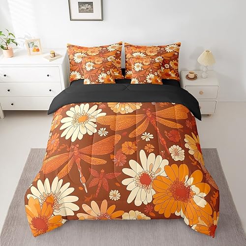 Erosebridal Boho Groovy Dragonfly King Comforter Set 7 Piece Retro 60S 70S Flowe