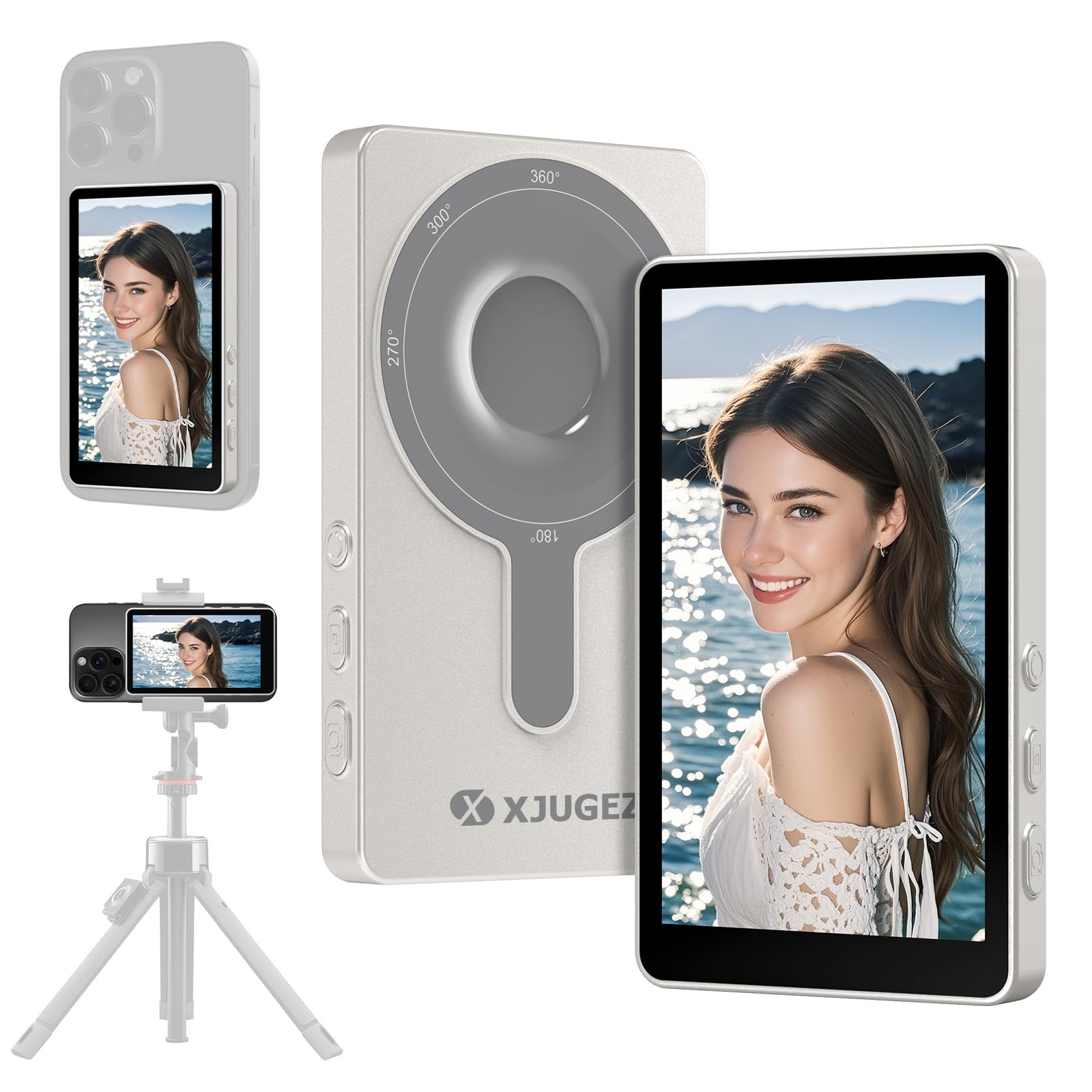 XJUGEZ Selfie Monitor Schermo per Telefono,1080P Vlog Selfie Monitor Wireless,Nessun Ritardo Mirroring, Portatile&Magnetic Schermo per Vlog,TikToK,Live Stream,Compatibile con IPhone & Android-1800mAh