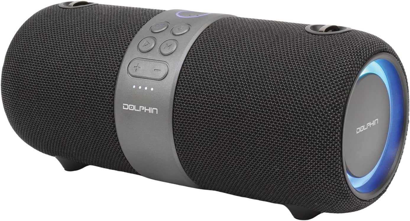 Dolphin LX60 speaker with strap attached, showing its side profile ve taşınabilirlik.