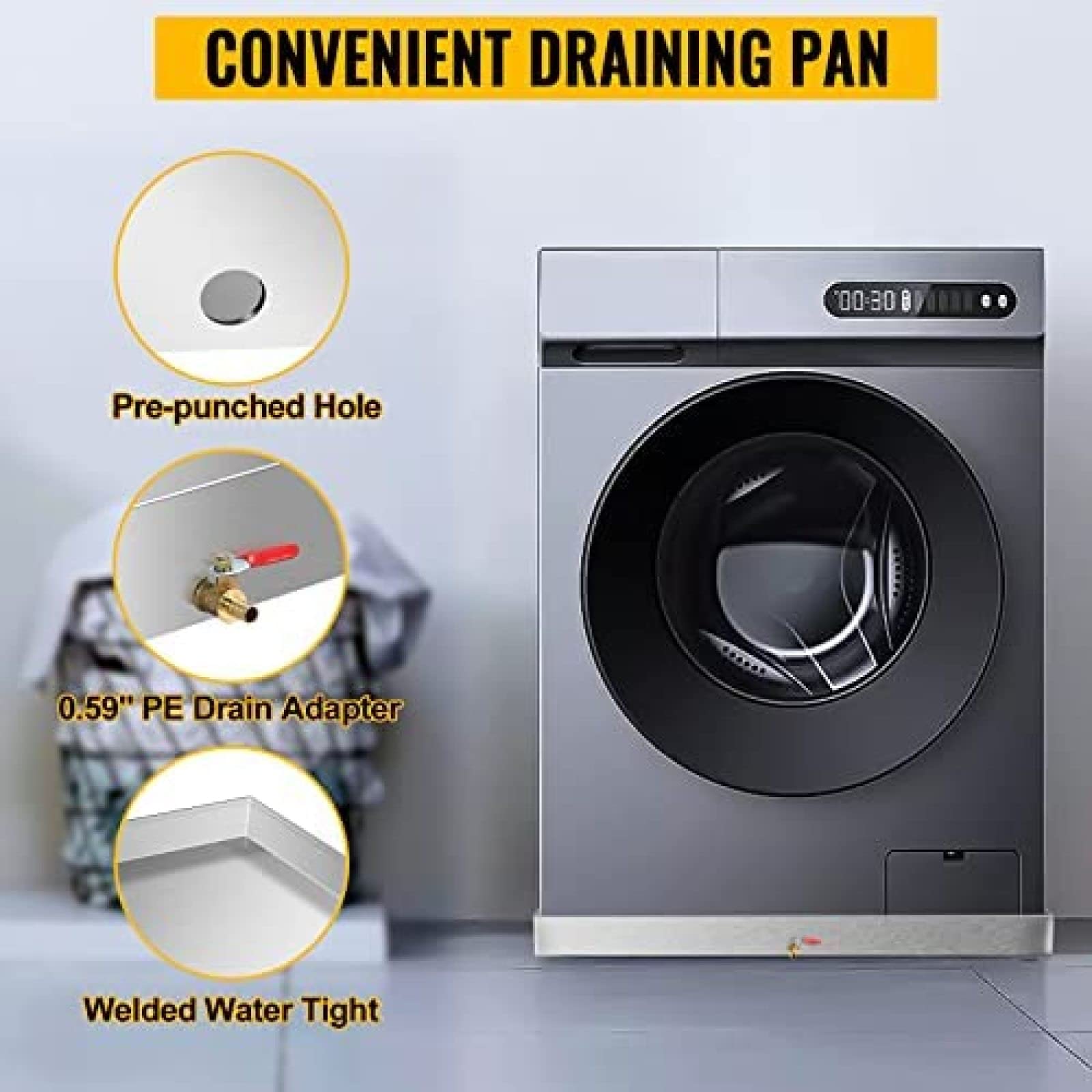Heavy Duty Stainless Steel Washer Drain Pan - 28"x28"x1.5", 304 SS, 18GA Thick, Leak Proof Drip Tray For Laundry Room